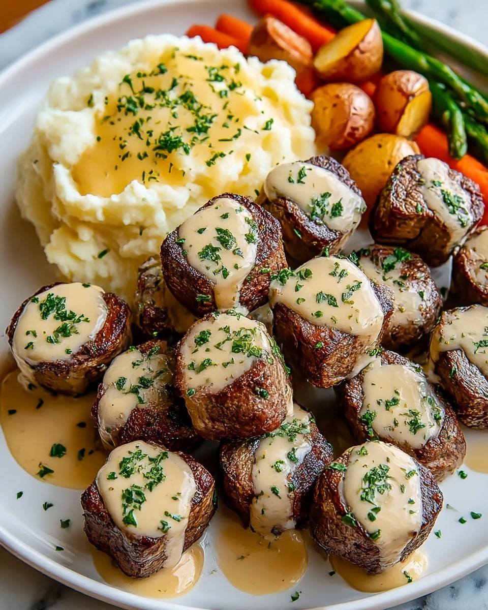 This image shows a white plate filled with nine pieces of grilled steak bites arranged closely in a circular shape at the center. Each steak piece has a dark brown grilled texture with a creamy beige sauce drizzled generously over them, topped with green herb sprinkles. Behind the steak, there is a large serving of smooth, fluffy mashed potatoes topped with a light yellow gravy and sprinkled with green herbs. In the background, there are roasted vegetables including small golden brown potatoes, bright orange baby carrots, and green asparagus spears. The plate is placed on a white marbled surface. photo taken with an iphone --ar 4:5 --v 7