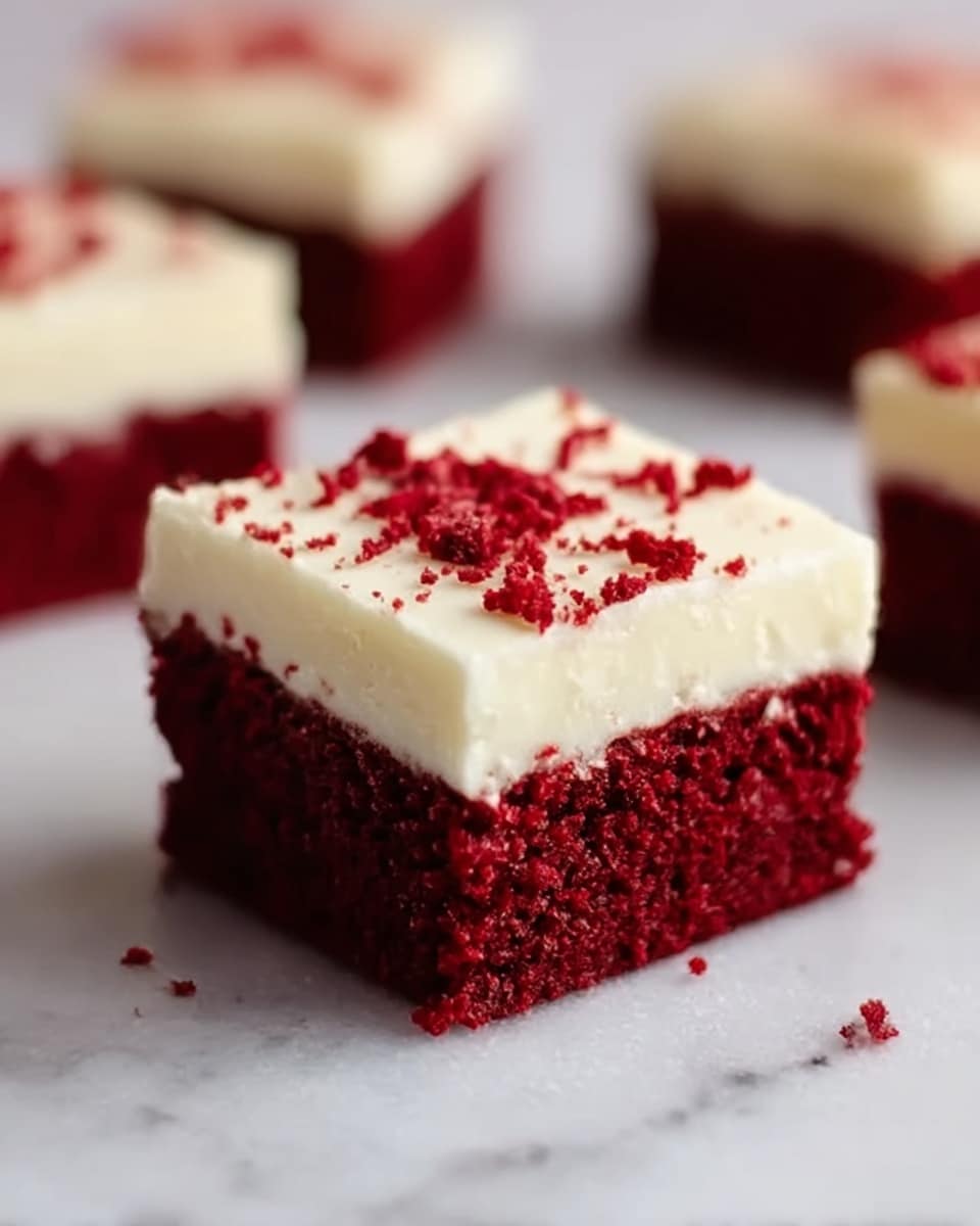 The image shows a single square piece of red velvet cake with two clear layers on a white marbled surface. The bottom layer is thick, moist, and deep red with a soft, crumbly texture. The top layer is creamy white frosting, smooth and evenly spread, about one-quarter the height of the cake. Small red crumbs are sprinkled on top of the frosting, adding color contrast and texture. The background is softly blurred, putting full focus on the cake piece in the front. Photo taken with an iphone --ar 4:5 --v 7