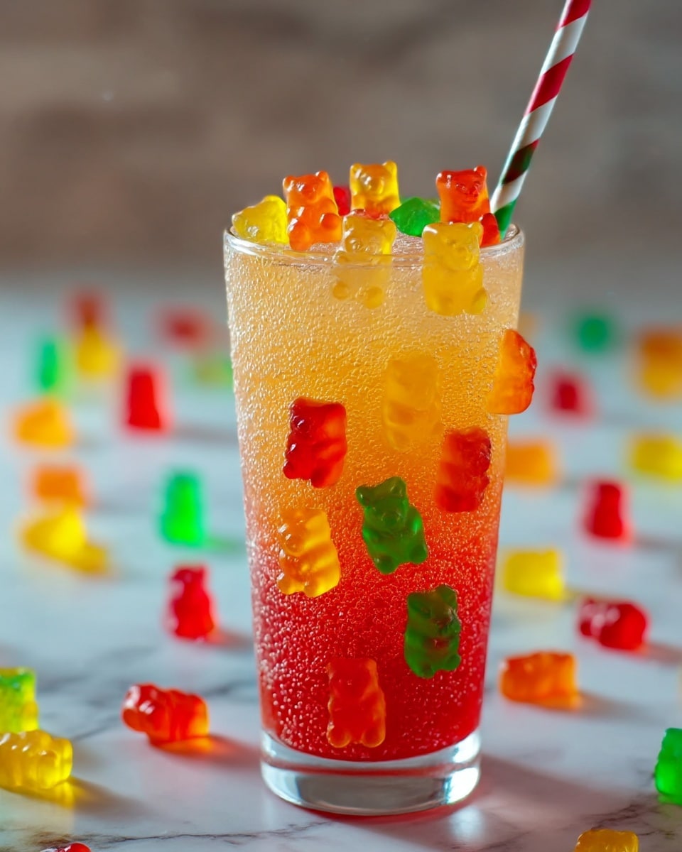 A tall clear glass is filled with a fizzy drink that has three visible layers: the bottom layer is bright red, the middle layer is orange, and the top layer is light yellow. Inside the drink and stuck to the sides of the glass are many colorful gummy bears in red, yellow, green, and orange. The top of the drink has more gummy bears resting on it, and a white straw with red and green stripes is placed in the glass. The glass is on a white marbled surface with blurred colorful gummy bears scattered around it. The glass is cold and covered with tiny bubbles. photo taken with an iphone --ar 4:5 --v 7