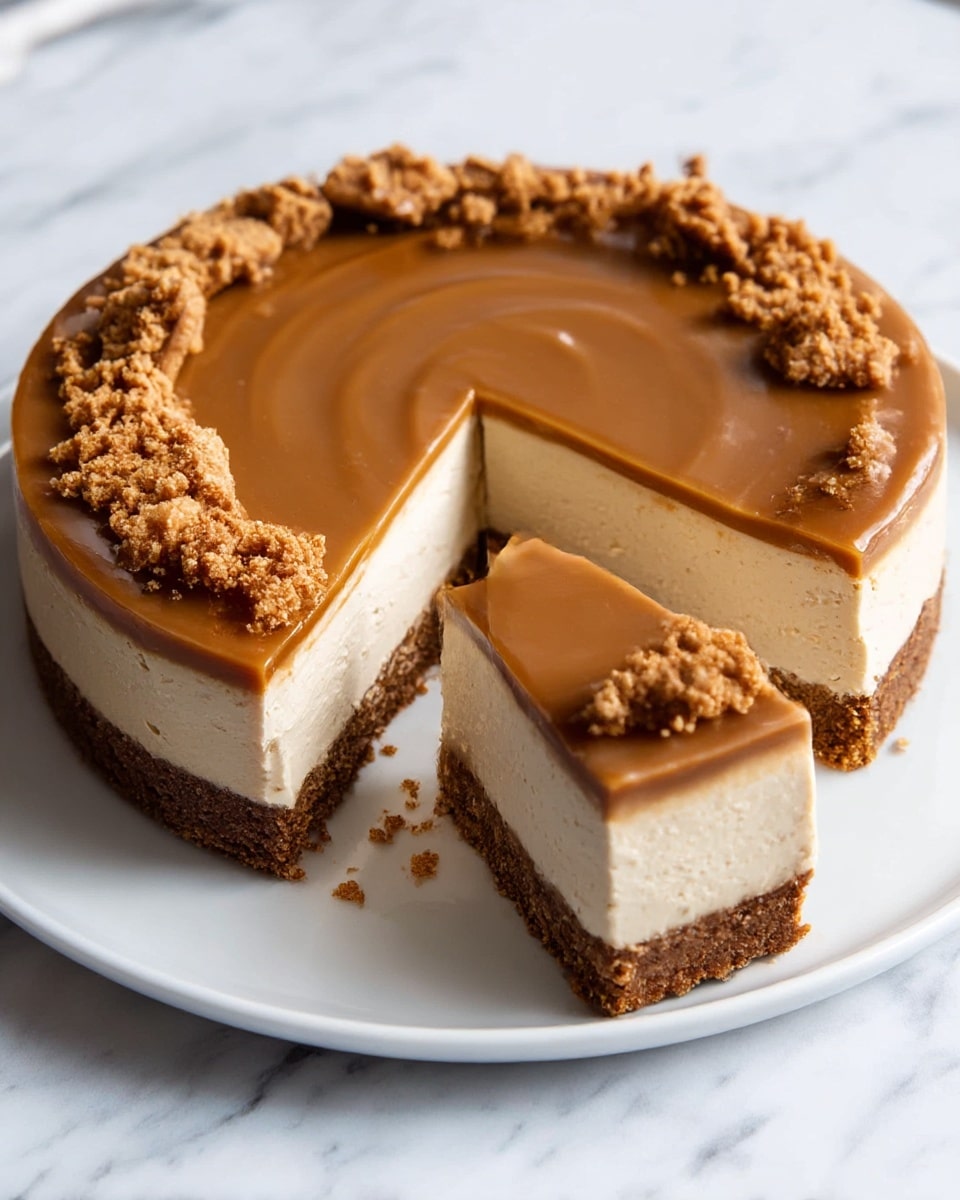 The image shows a round dessert with three visible layers, placed on a white plate on a white marbled surface. The bottom layer is a crumbly, dark brown crust, followed by a thick, creamy light beige middle layer that looks smooth and dense. The top layer is a shiny caramel brown glaze with a smooth, swirled texture. Around the edges and on top of the glaze, there are scattered clusters of crumbly brown cookie bits. Three slices are cut and slightly separated from the rest, showing the clean layers clearly. Photo taken with an iphone --ar 4:5 --v 7