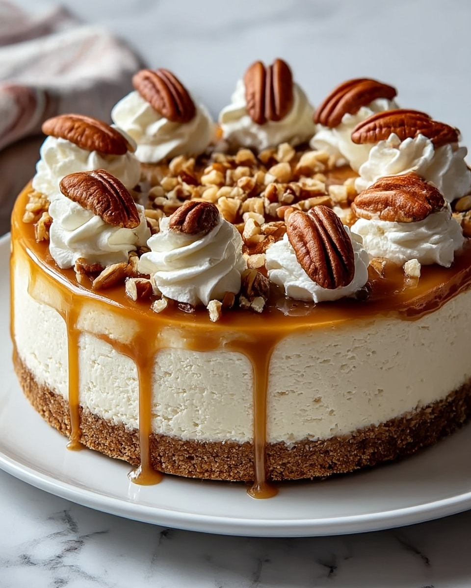 A round cheesecake with three visible layers sits on a white plate over a white marbled surface. The bottom layer is a thick, crumbly, brown crust. The middle layer is a smooth and creamy off-white cheesecake. The top layer is covered with a shiny light brown caramel sauce that drips slightly over the side. On top, dollops of white whipped cream are evenly spaced around the edge, each topped with a whole pecan nut. The center is sprinkled with small chopped nuts. Photo taken with an iphone --ar 4:5 --v 7