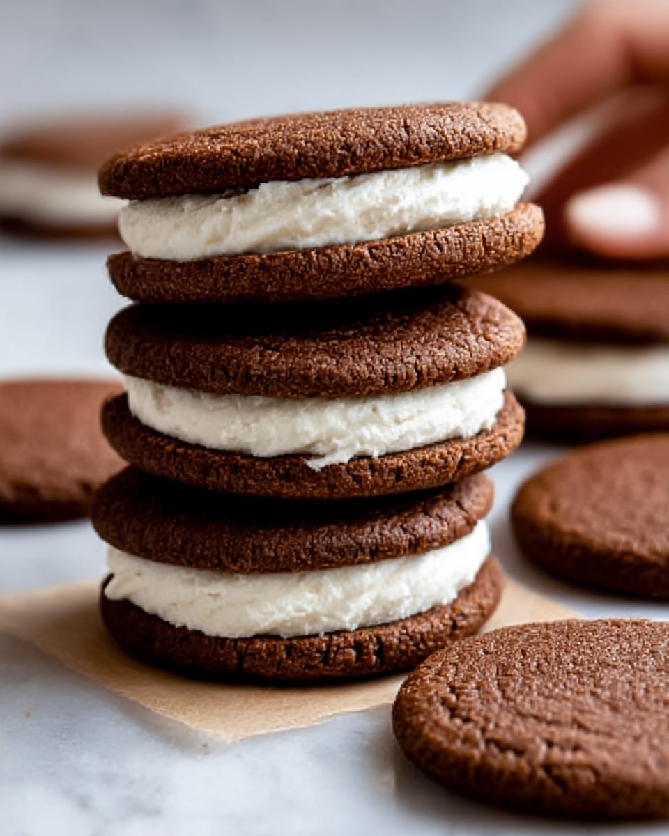 The image shows a close-up view of three stacked chocolate sandwich cookies with white cream filling. Each cookie is dark brown with a rough texture, and the creamy white filling is smooth and thick, visible between the cookie layers. Around the stack, there are more cookies lying flat on the white marbled surface. A woman’s hand is partly visible near the stack, reaching from the side. The photo taken with an iphone --ar 4:5 --v 7