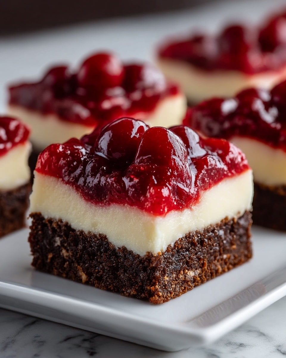 The image shows a close-up of a dessert square with three clear layers, placed on a white rectangular plate against a white marbled texture. The bottom layer is thick, dark brown, and dense, resembling a chocolate brownie. The middle layer is creamy, smooth, and light beige, likely a cheesecake or cream cheese layer. The top layer is a shiny, vibrant red cherry topping with whole cherries embedded in a thick, glossy red sauce that spreads slightly over the edges. The dessert edges are sharp and clean, making each layer easy to see. Photo taken with an iphone --ar 4:5 --v 7