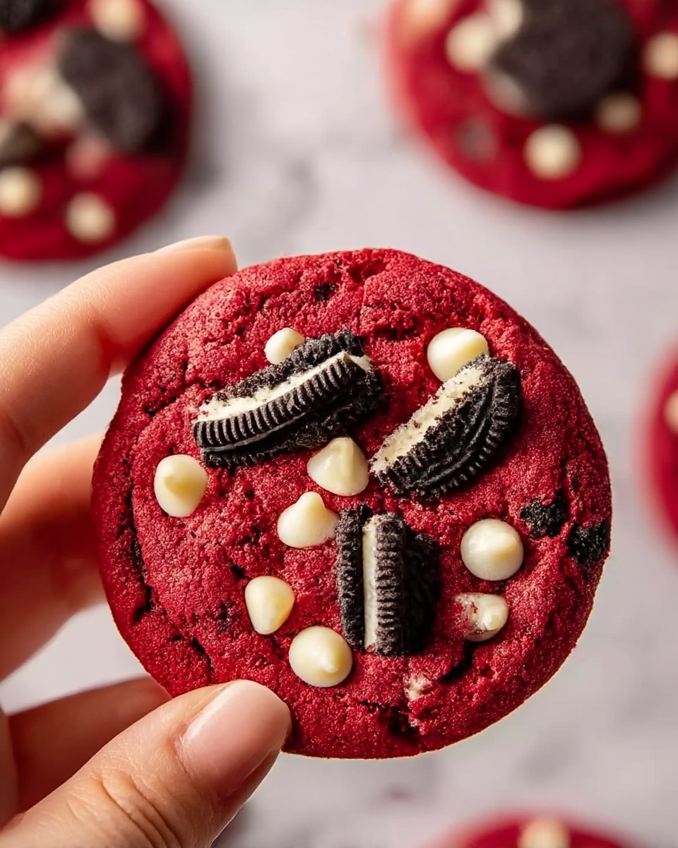 A close-up view of a round, thick red velvet cookie held by a woman's hand. The cookie has a rich red color with a soft, slightly crumbly texture. On top, there are three pieces of black and white cream-filled sandwich cookie bits, scattered unevenly, some broken. White chocolate chips are embedded in the cookie, creating small, glossy white spots against the red background. The background shows more cookies softly blurred on a white marbled surface. Photo taken with an iphone --ar 4:5 --v 7