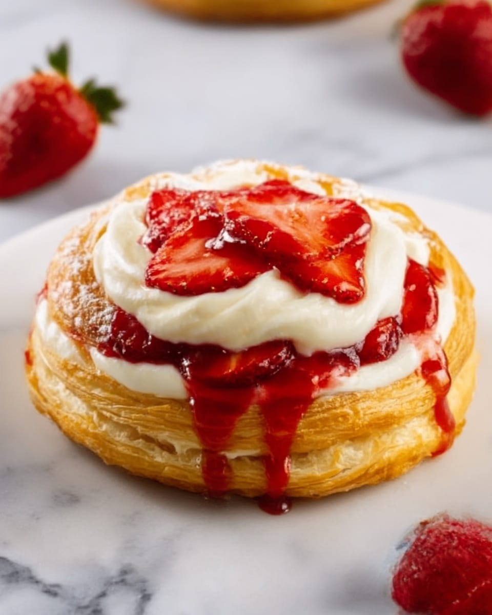 A close-up view of a round Danish pastry with a golden, flaky texture, topped with a layer of smooth cream cheese spread that is light and glossy white, followed by a thick layer of bright red strawberry slices arranged neatly in the center. The pastry is drizzled with thin white icing lines that add a shiny contrast against the red strawberries. The pastry sits on a white plate placed on a white marbled surface, with blurred red strawberry shapes in the background, suggesting fresh fruit nearby. Photo taken with an iphone --ar 4:5 --v 7