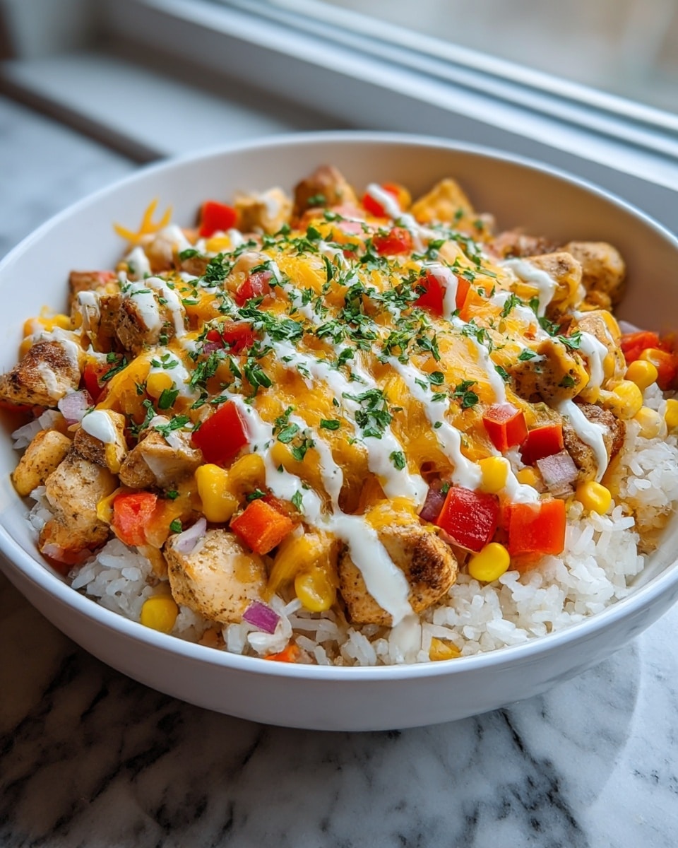 A white bowl filled with a base layer of cooked white rice, topped with a mix of grilled chicken pieces that are browned and seasoned, along with small diced red and orange bell peppers, yellow corn kernels, and finely chopped red onions. This is covered by a melted layer of yellow and white cheddar cheese, drizzled with a creamy white sauce, and sprinkled with fresh chopped green herbs. The bowl is set on a white marbled surface near a window with soft natural light. Photo taken with an iphone --ar 4:5 --v 7
