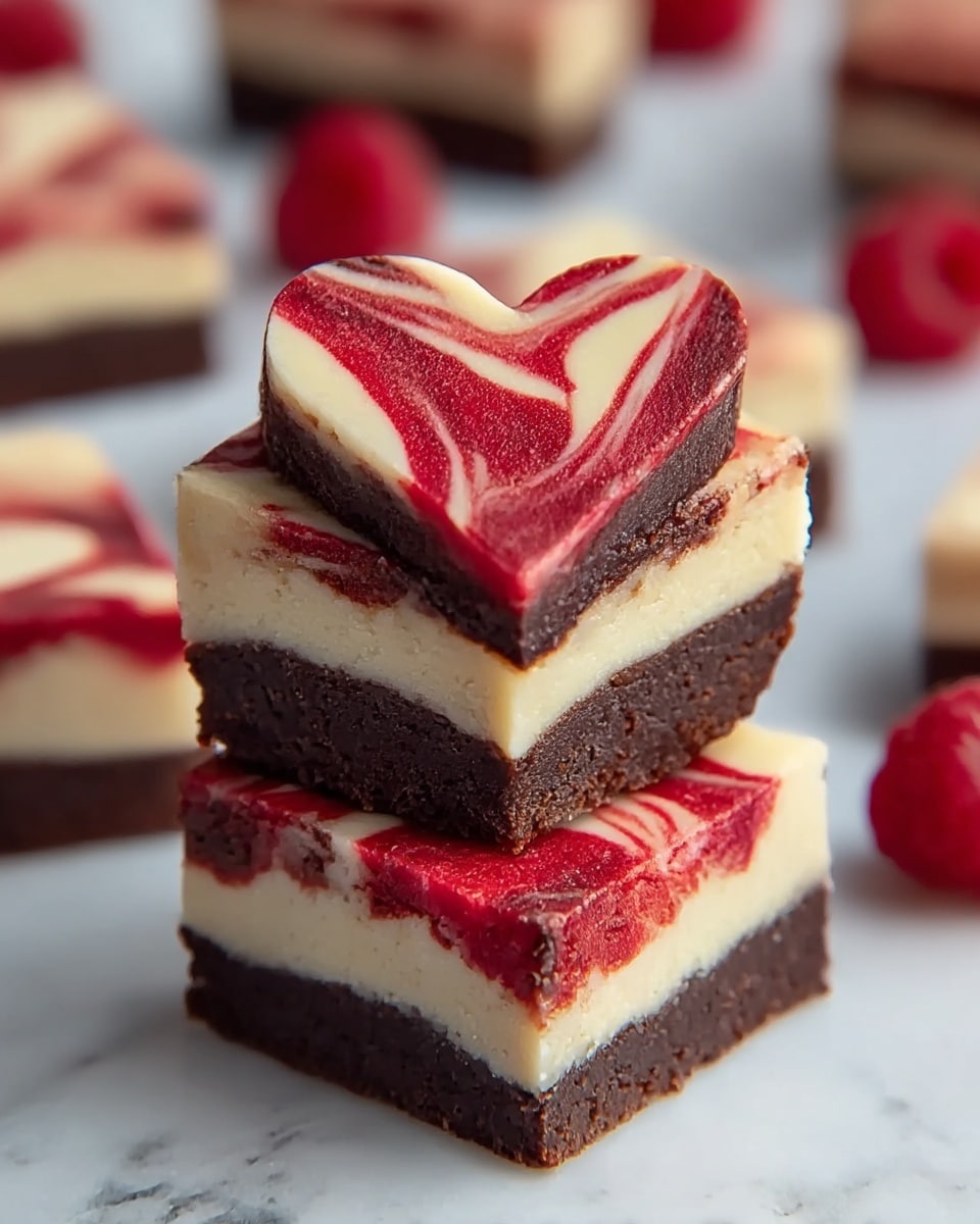 Two pieces of dessert stacked on a white marbled surface are shown. The bottom piece is square-shaped with a thick, dark brown chocolate base layer and a creamy light beige top layer swirled with bright red patterns. On top of it, there is a heart-shaped piece with the same two layers: a dark chocolate bottom and a red-and-beige swirled top, where the red color forms marbled streaks across the light top layer. In the blurred background, similar desserts and red raspberries are visible, adding a soft pop of color. photo taken with an iphone --ar 4:5 --v 7