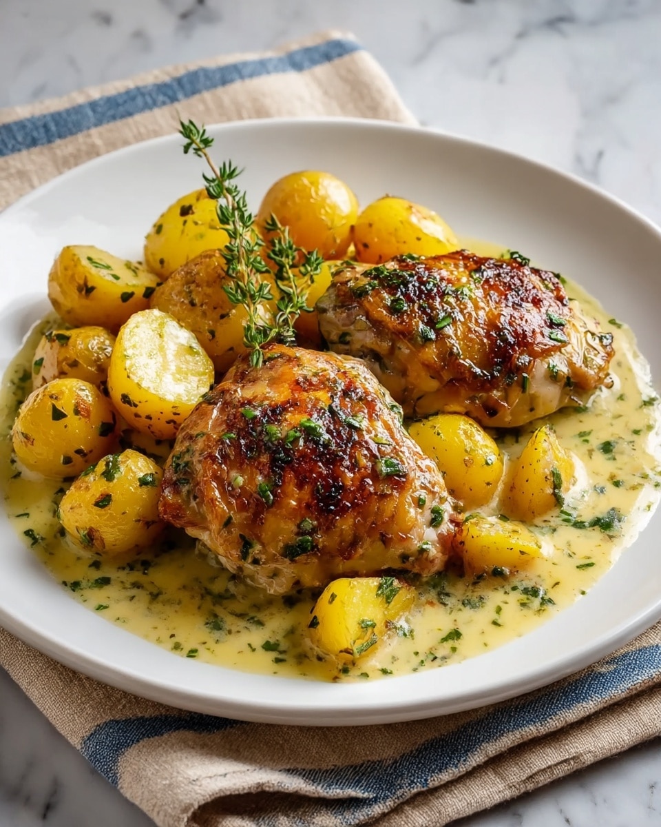 A white plate holds a dish with two golden brown, grilled chicken thighs that have a crispy skin and are sprinkled with chopped green herbs. Around the chicken are small, yellow roasted potatoes with a slightly shiny, seasoned surface and bits of green herbs. The base layer is a creamy sauce with a light yellow tint mixed with green herbs, slightly pooling under the chicken and potatoes. A sprig of fresh thyme rests on top for garnish. The plate sits on a folded beige and blue cloth on a white marbled surface. Photo taken with an iphone --ar 4:5 --v 7