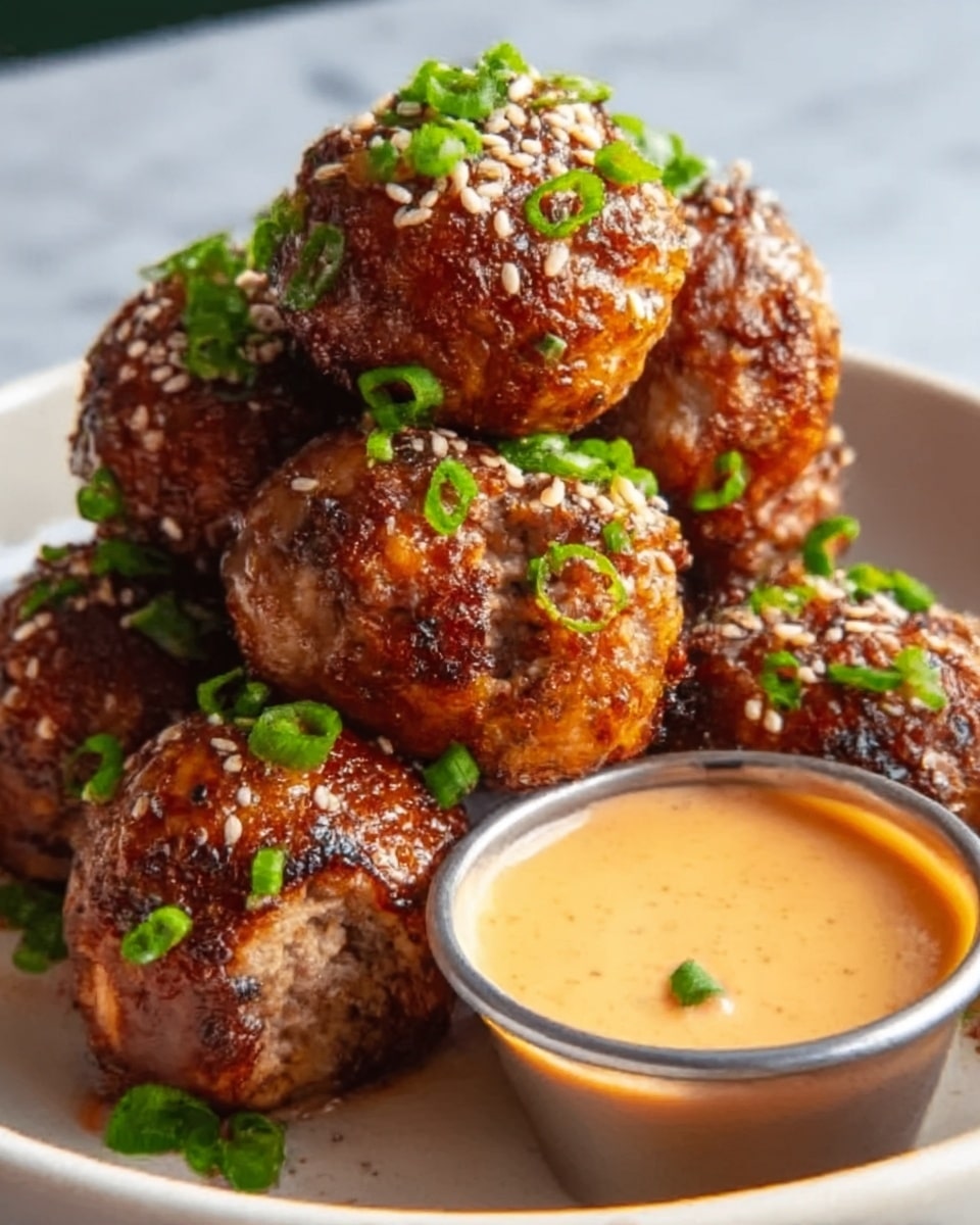The image shows a white plate filled with six browned, crispy meatballs topped with sesame seeds and chopped green onions. Next to the meatballs is a small cup of light orange creamy sauce, slightly glossy in texture. The meatballs appear juicy with a textured, roasted surface, and they are stacked in a casual way on the plate. The background is a white marbled surface. photo taken with an iphone --ar 4:5 --v 7