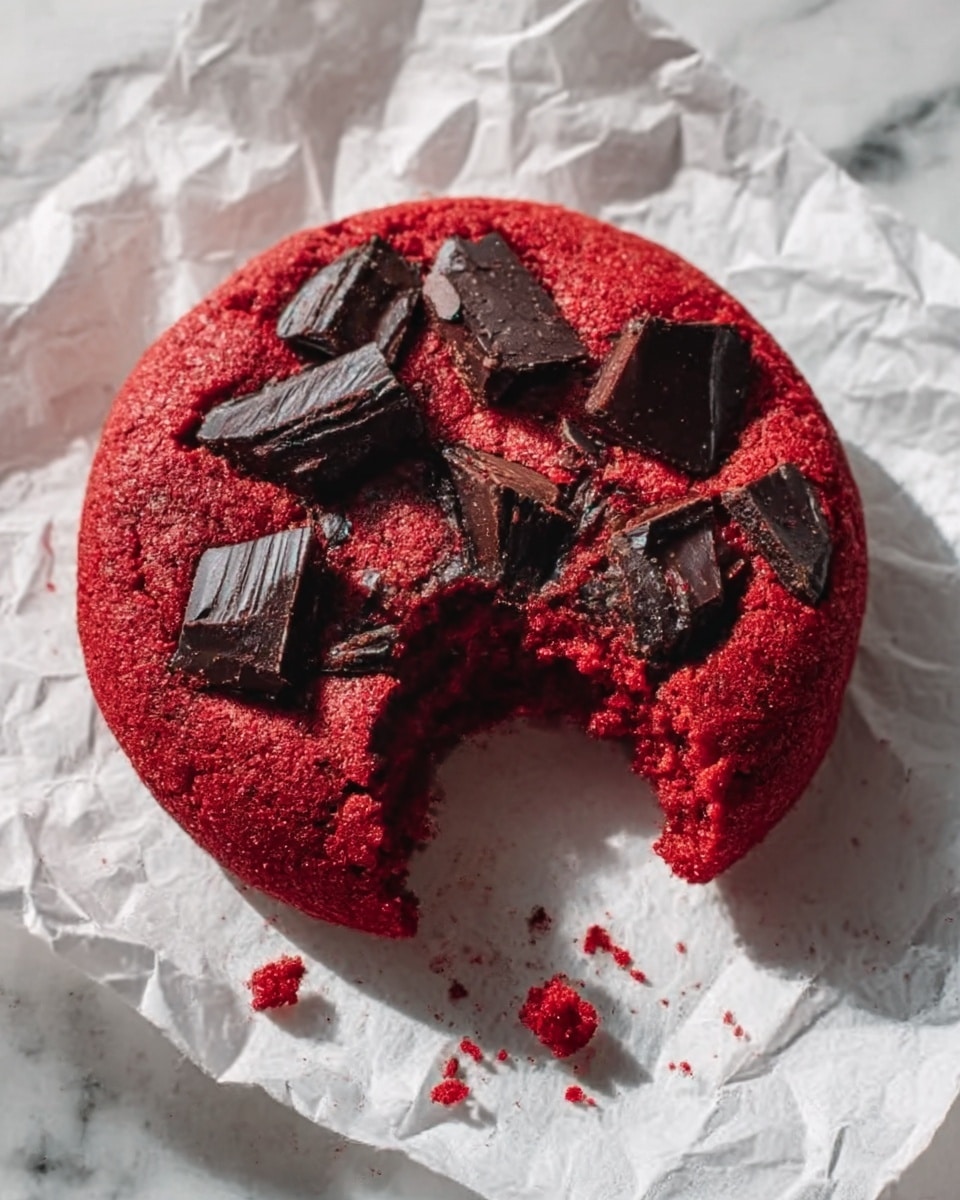 A round, thick red cookie with a soft, crumbly texture is placed on white crumpled paper over a white marbled surface. Large dark chocolate chunks are unevenly scattered over the top, some slightly melted into the cookie, adding a rough texture contrast. A bite is missing from one side, showing the soft red interior with crumbs spread around the bite area. The lighting creates a gentle shadow under the cookie, highlighting its round shape and texture. Photo taken with an iphone --ar 4:5 --v 7