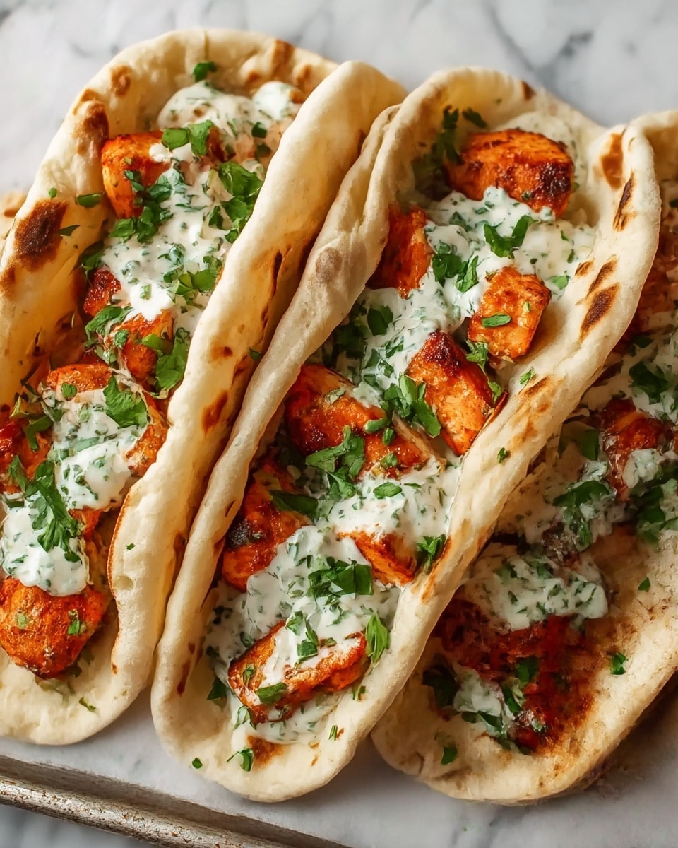 Three soft flatbreads folded in half lie side by side on a white marbled surface with a baking tray edge visible. Each flatbread is pale golden brown with light toasted spots, and inside, there are several chunks of grilled orange-red chicken. The chicken pieces are topped with a creamy white sauce speckled with green herbs and garnished with fresh chopped green cilantro leaves, giving the dish a fresh and colorful look. Photo taken with an iphone --ar 4:5 --v 7