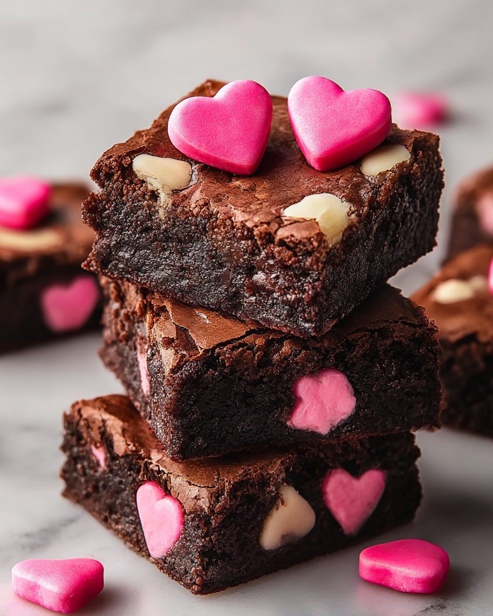 A stack of three square brownies is shown, each brownie is deep dark brown with a cracked crust and inside shows bright pink and creamy white bits. On the top brownie, there are two bright pink heart-shaped candies resting on swirled patches of creamy white. The brownies look rich and moist, and a few extra pink heart candies are scattered nearby. The whole scene is placed on a white marbled surface. photo taken with an iphone --ar 4:5 --v 7