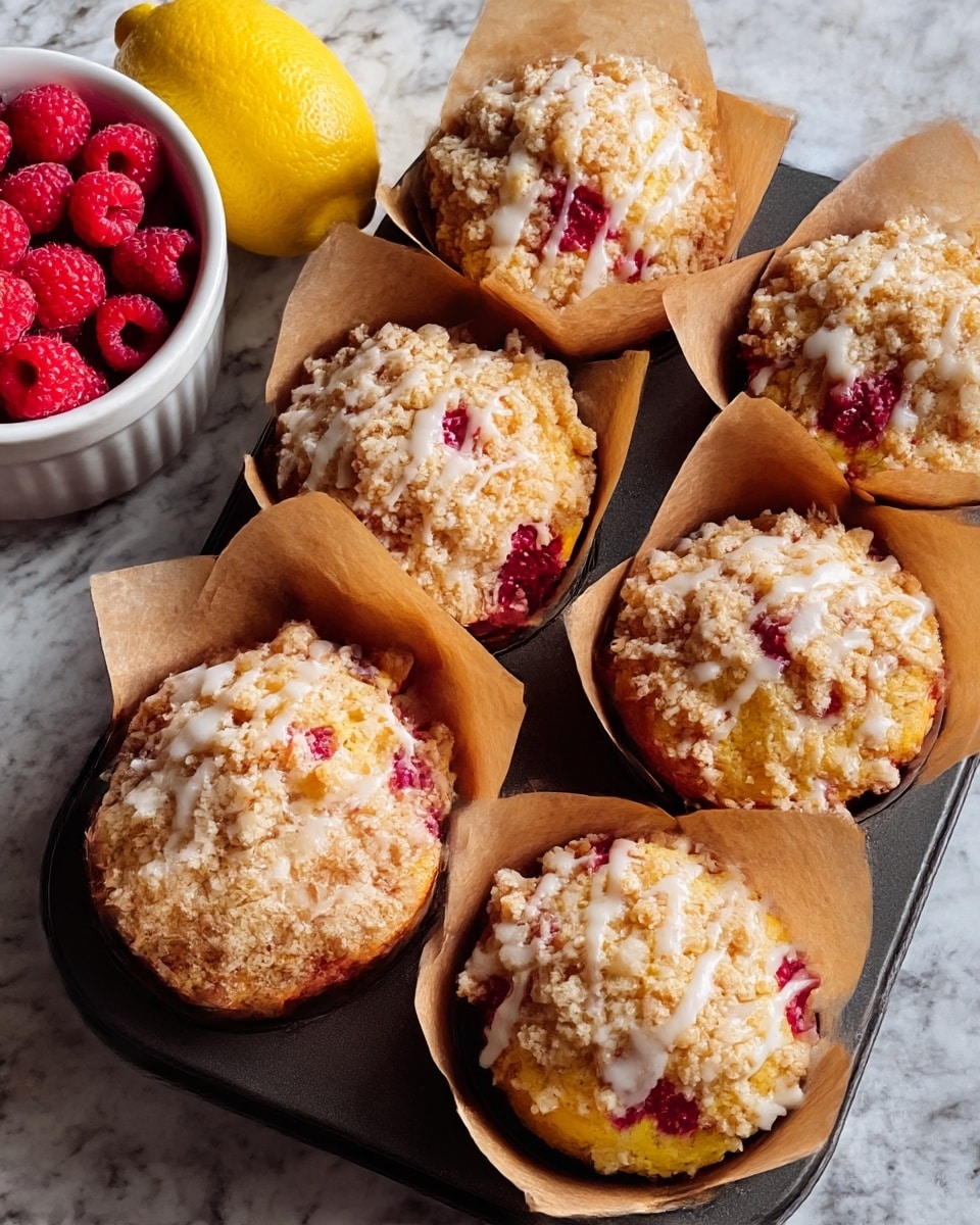 A close-up view of six raspberry muffins in a dark muffin tray, each wrapped in light brown baking paper that forms four peaks around the muffins. Each muffin has a golden crumb topping with a rough texture and scattered white glaze drizzled across the tops. Bright red raspberries peek through the crumb layer on the golden-yellow muffin base, giving a contrast of colors. To the left of the tray, there is a white bowl filled with fresh bright red raspberries, and behind the muffins are two yellow lemons. Everything is set on a white marbled surface. photo taken with an iphone --ar 4:5 --v 7