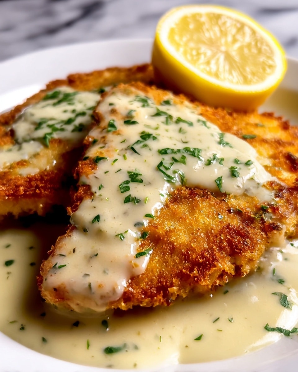 The image shows two golden-brown breaded chicken cutlets with a crispy texture, each covered with a smooth, creamy white sauce sprinkled with finely chopped green herbs. At the top, there is a yellow lemon wedge with visible pulp sitting behind the chicken on a white plate. Some sauce pools around the cutlets, adding a glossy shine to the dish. The background is a white marbled texture. Photo taken with an iphone --ar 4:5 --v 7