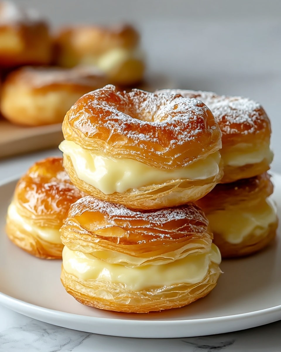 The image shows a plate with five golden brown, round pastries stacked on each other. Each pastry has a shiny, flaky top layer with a light dusting of powdered sugar and is filled with a thick, creamy pale yellow custard visible through the side layers. The pastries have many thin, crisp layers of dough with a slightly darker edge, creating a crunchy texture. They sit on a smooth white plate, all placed on a white marbled surface with a soft, blurred white background. photo taken with an iphone --ar 4:5 --v 7