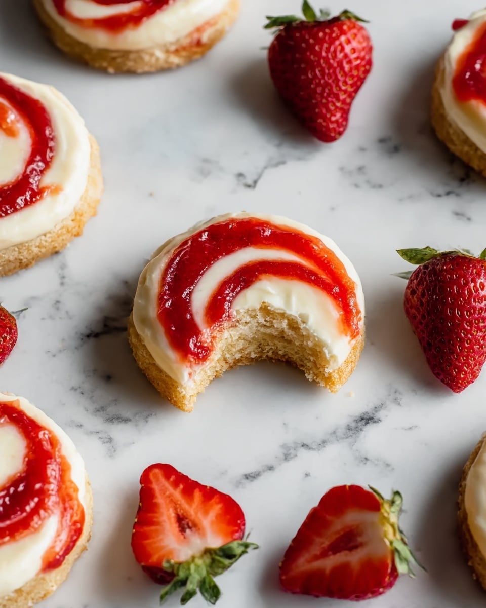 The image shows several round cookies with three visible layers: a light brown, crumbly base; a thick creamy white middle layer; and a bright red strawberry swirl on top. One cookie in the center has a bite taken out, showing the crumbly texture of the base and the soft cream layer. Around the cookies are fresh halved strawberries with their green tops, adding bright red and green color to the composition. All items are placed on a white marbled textured surface, enhancing the fresh and clean look of the scene. photo taken with an iphone --ar 4:5 --v 7