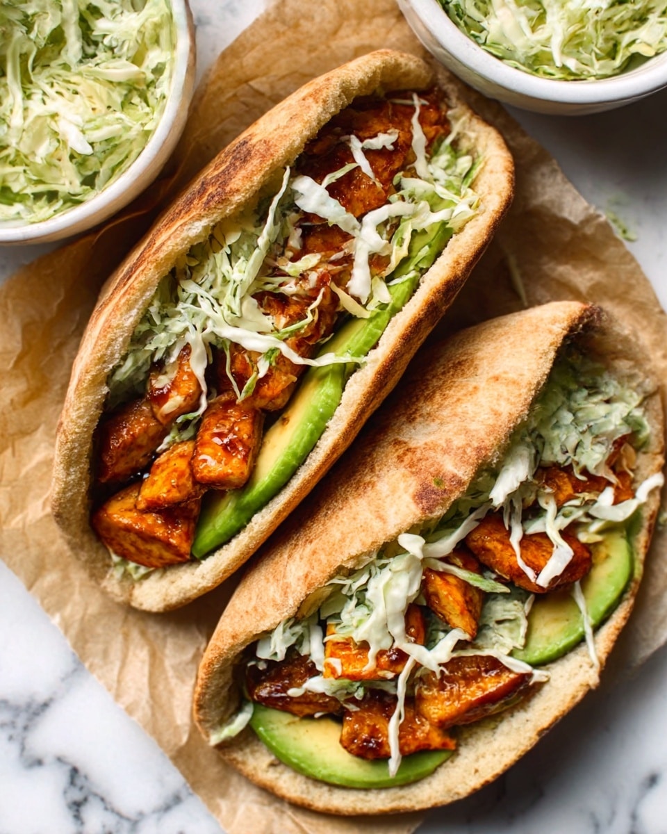 The image shows two pita sandwiches placed on light brown parchment paper with a white marbled surface beneath. Each pita is cut open and filled with three visible layers: a base layer of green avocado slices, a middle layer of orange glazed tofu or chicken pieces, and a top layer of white shredded cabbage or coleslaw. The pita bread is light brown and slightly toasted with a soft texture. There is also a white bowl filled with extra shredded cabbage or coleslaw near the sandwiches. Photo taken with an iphone --ar 4:5 --v 7