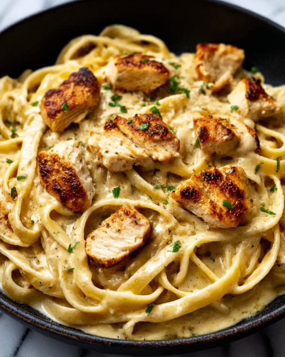 A close-up of a white bowl filled with creamy fettuccine pasta topped with several pieces of grilled chicken. The pasta is thick and coated in a smooth, light beige sauce, swirling gently in the bowl. The chicken pieces are golden brown and arranged mostly on top, with some pieces slightly nestled into the pasta. Small green herbs are sprinkled over the dish, adding a touch of color. The bowl sits on a white marbled surface. Photo taken with an iphone --ar 4:5 --v 7