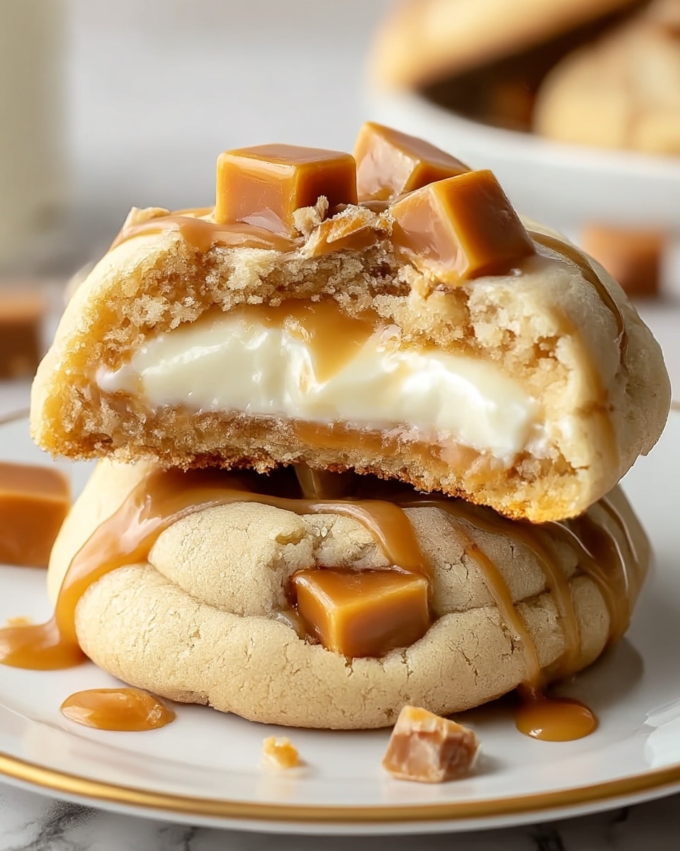 Two soft, thick cookies stacked on a white plate with a gold rim, each cookie broken in half to show multiple layers inside: the bottom layer is a light golden brown cookie base, above it is a gooey, dark caramel filling, then a thick white cream cheese layer, all topped with a shiny, light brown caramel drizzle that has small caramel chunks sprinkled on top. The background is a white marbled texture with the edge of a cookie and some small caramel pieces in soft focus behind. photo taken with an iphone --ar 4:5 --v 7
