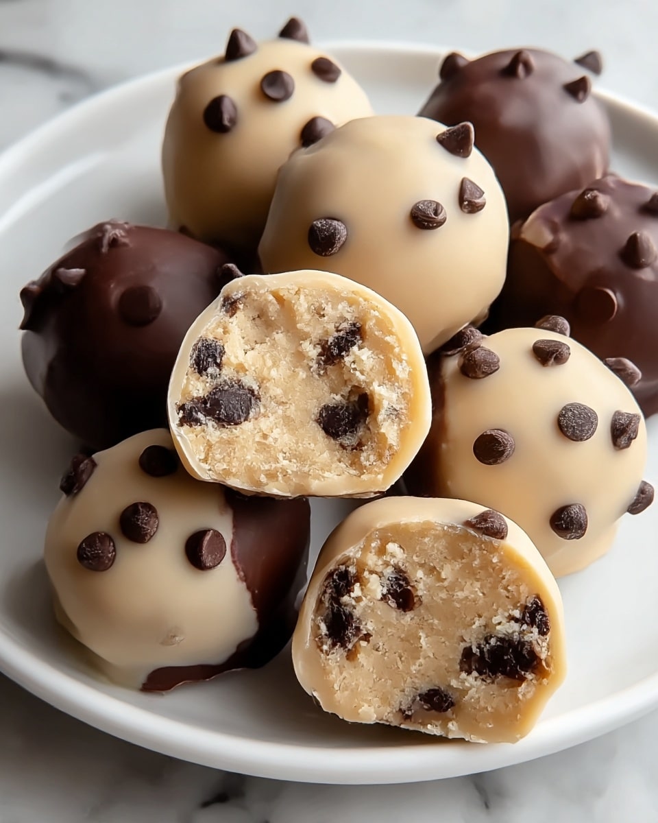 A white plate holds several small round treats, each made of two layers. The inner layer is beige with a crumbly texture and has scattered dark brown chocolate chips inside. The outer layer is a smooth coating that varies: some treats are fully covered in dark brown chocolate with small round chocolate chips sticking out, while others have a creamy beige coating with darker chocolate chips on top and a thin dark chocolate base. Two of the treats are cut in half to show the inner beige layer with chocolate chips. The plate rests on a white marbled surface. photo taken with an iphone --ar 4:5 --v 7