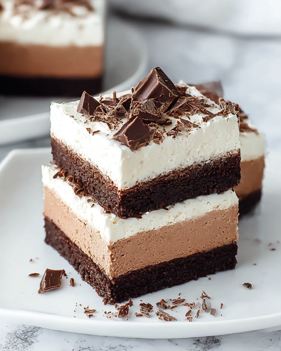 The image shows a dessert cut into square pieces, placed closely on a white rectangular plate over a white marbled texture. Each piece has three clear layers: a thick, dark brown, crumbly-looking base layer, followed by a lighter brown chocolate mousse middle layer that appears smooth and creamy, and topped with a thick, fluffy white cream layer. On the top cream layer, there are chunks of dark chocolate unevenly scattered with some finely grated chocolate sprinkled around. One piece is slightly separated from the rest, showing the texture of the layers clearly. Photo taken with an iphone --ar 4:5 --v 7