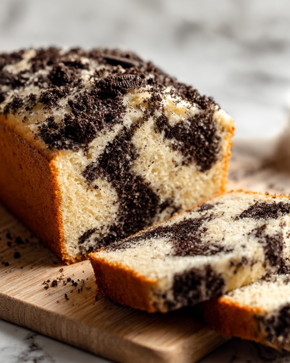 A close-up of a marbled loaf cake resting on a wooden cutting board with two slices cut from it. The cake has a light beige base with dark brown cookie crumbs swirled inside, creating an irregular marbled pattern. The top of the loaf is covered more densely with crushed cookie pieces, adding texture and color contrast against the soft cake. The crust is golden brown and looks slightly firm, while the inside appears moist and soft. The background is a white marbled texture. photo taken with an iphone --ar 4:5 --v 7