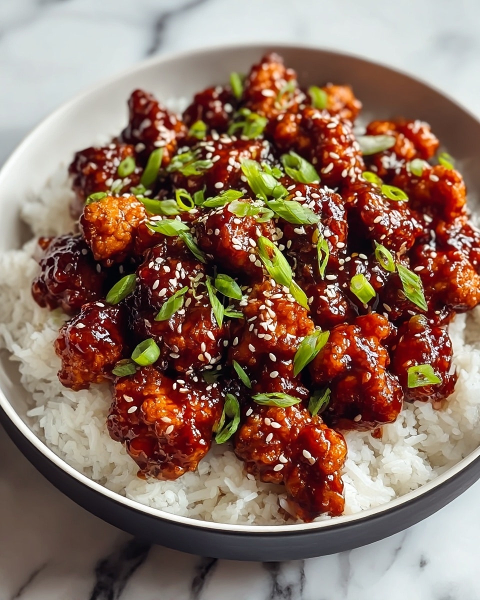 A white bowl filled with a base layer of fluffy white rice, topped with a second layer of crispy chicken pieces coated in a thick, glossy, dark reddish-brown sauce. The chicken pieces are sprinkled with small white sesame seeds and chopped green onions, adding touches of white and vibrant green on top. The bowl sits on a white marbled surface. photo taken with an iphone --ar 4:5 --v 7