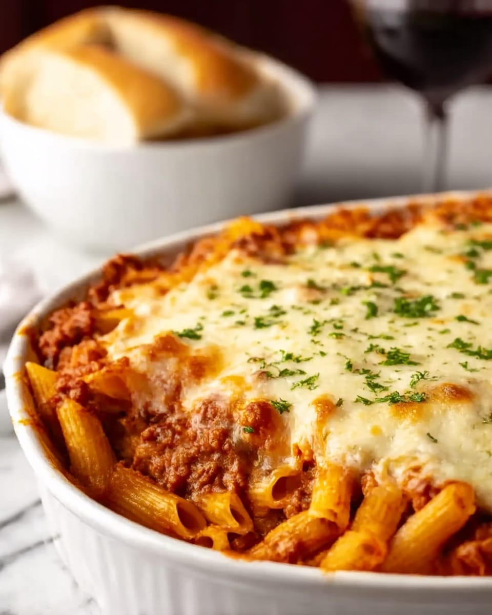 A close-up view of a white oven dish filled with baked penne pasta. The bottom layer shows cooked penne pasta mixed with a rich red tomato and meat sauce. On top, there is a thick, even layer of melted white cheese with golden brown spots and sprinkled green herbs. The dish is set on a white marbled surface, and in the background, there is a blurred glass of red wine and a white bowl of bread. Photo taken with an iphone --ar 4:5 --v 7