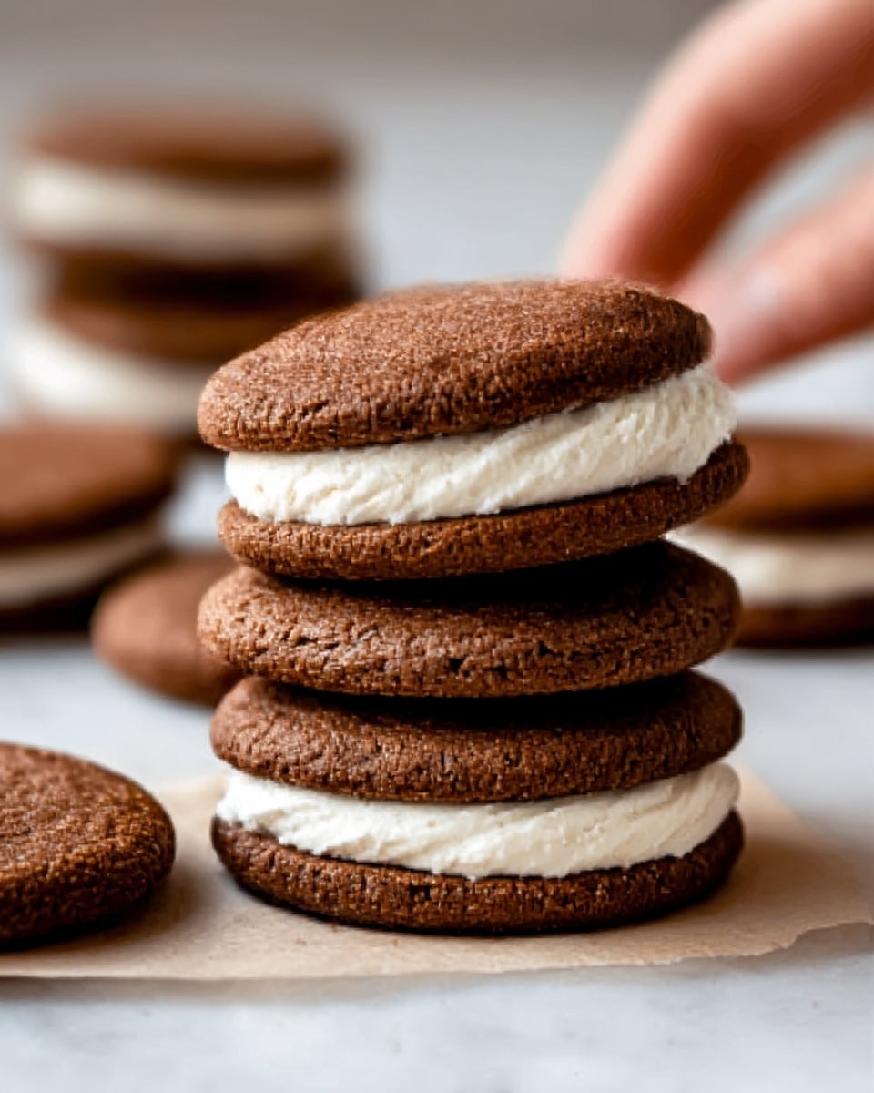 The image shows a stack of three sandwich cookies on a smooth white marbled surface. Each cookie has two brown, slightly cracked round layers with a creamy white filling carefully spread in the middle. The cookies are thick with a soft texture, and more cookies lay flat around the stack. The light highlights the smooth texture of the cream and the rough, cracked surface of the cookies. photo taken with an iphone --ar 4:5 --v 7