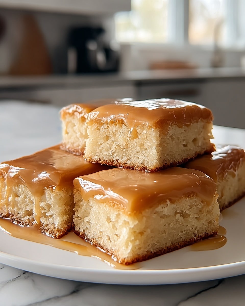 The image shows four square pieces of a cake on a white plate, each piece having two visible layers. The bottom layer is a light golden-brown cake with a soft, crumbly texture. The top layer is a thick, glossy caramel-colored glaze that smoothly covers the cake and drips slightly down the sides. The plate rests on a white marbled surface with a blurred kitchen background. Photo taken with an iphone --ar 4:5 --v 7
