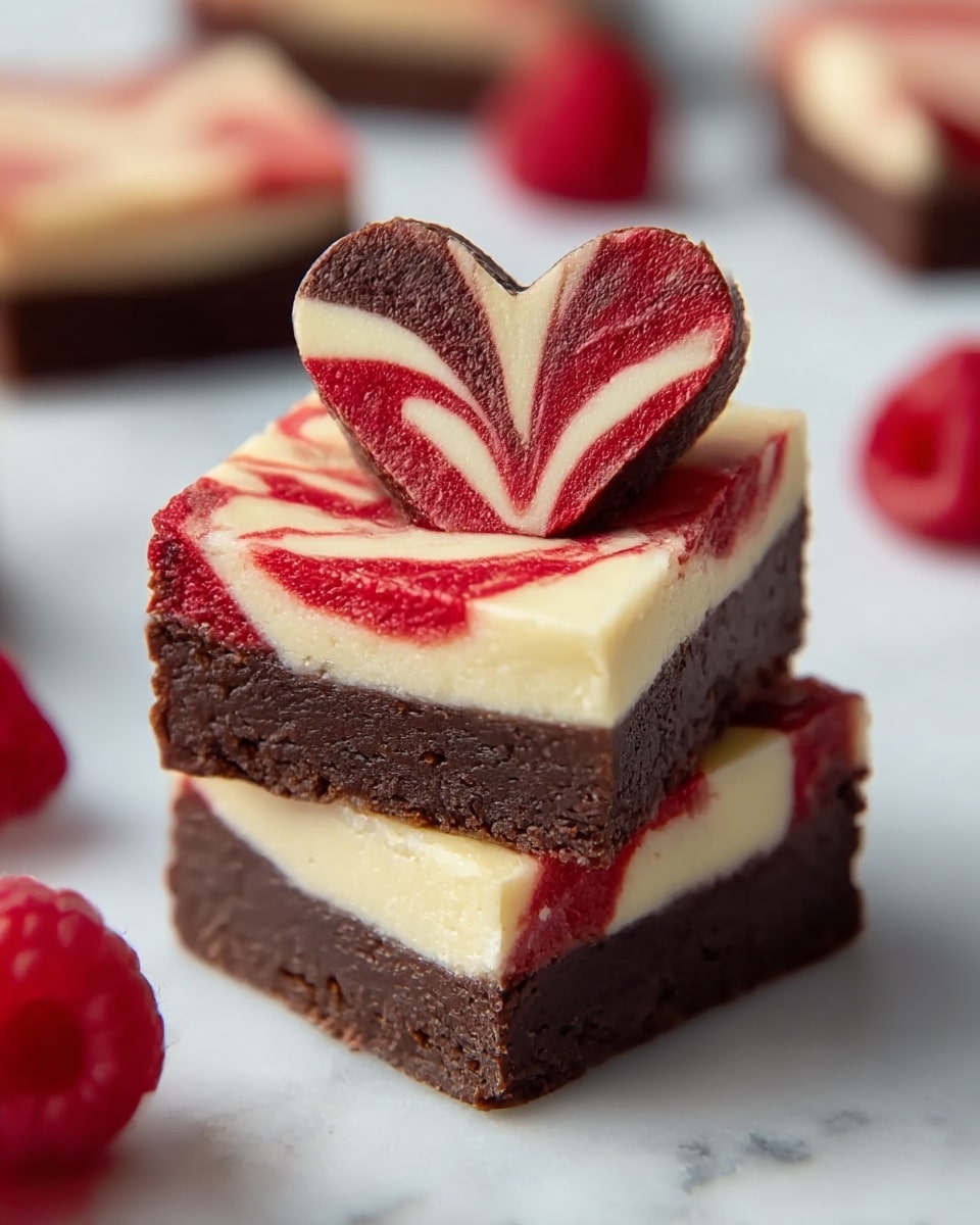 Two pieces of heart-shaped brownies are stacked on a white marbled surface. Each brownie has two layers: a dark brown, moist chocolate base with a dense texture, and a creamy white top layer swirled with bright red, giving a marbled effect. The heart shape is clear and sharp on the top brownie. Blurred out in the background are more brownies and some fresh red raspberries, adding a pop of color. photo taken with an iphone --ar 4:5 --v 7
