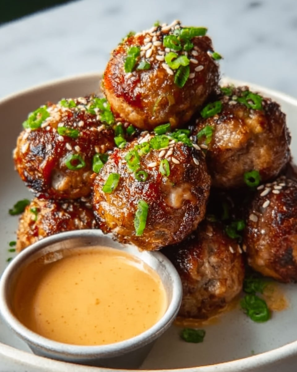 The image shows a white plate filled with seven browned, crispy meatballs that have a slightly charred texture and small green onion pieces sprinkled on top. There is a small clear glass cup filled with a creamy light brown sauce placed at the edge of the plate. The meatballs have a moist, juicy look with some sesame seeds visible on their surface. The plate is set on a white marbled textured background. Photo taken with an iphone --ar 4:5 --v 7