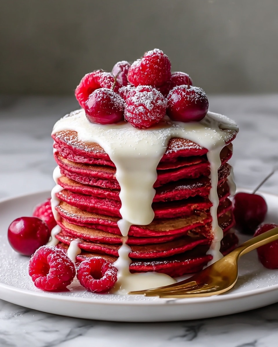 A stack of six red pancakes, each layer thick and fluffy with a slightly browned surface on the odd layers, arranged on a white plate. Between the pancake layers, there is a thin drizzle of white creamy sauce. On top of the stack, a generous layer of white cream sauce flows over the edges in thick drips. Fresh whole raspberries and cherries cover the top, dusted lightly with powdered sugar. More raspberries are scattered around the plate, which rests on a white marbled textured surface, with a gold fork placed on the right side beside the stack. Photo taken with an iphone --ar 4:5 --v 7
