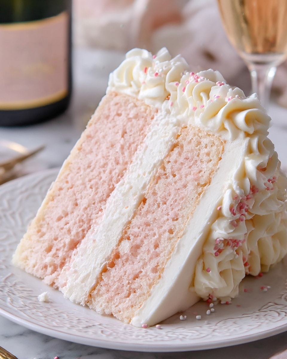 A close-up view of a three-layer pale pink cake slice on a white plate with a delicate embossed pattern. Each cake layer is soft and moist with a light pink color, separated by smooth white frosting. The outside of the slice is coated in white frosting with decorative swirls near the bottom edge, topped with small white and pink sprinkles and thin white strands. The background shows a blurred bottle with a soft pink label, all set on a white marbled surface. photo taken with an iphone --ar 4:5 --v 7
