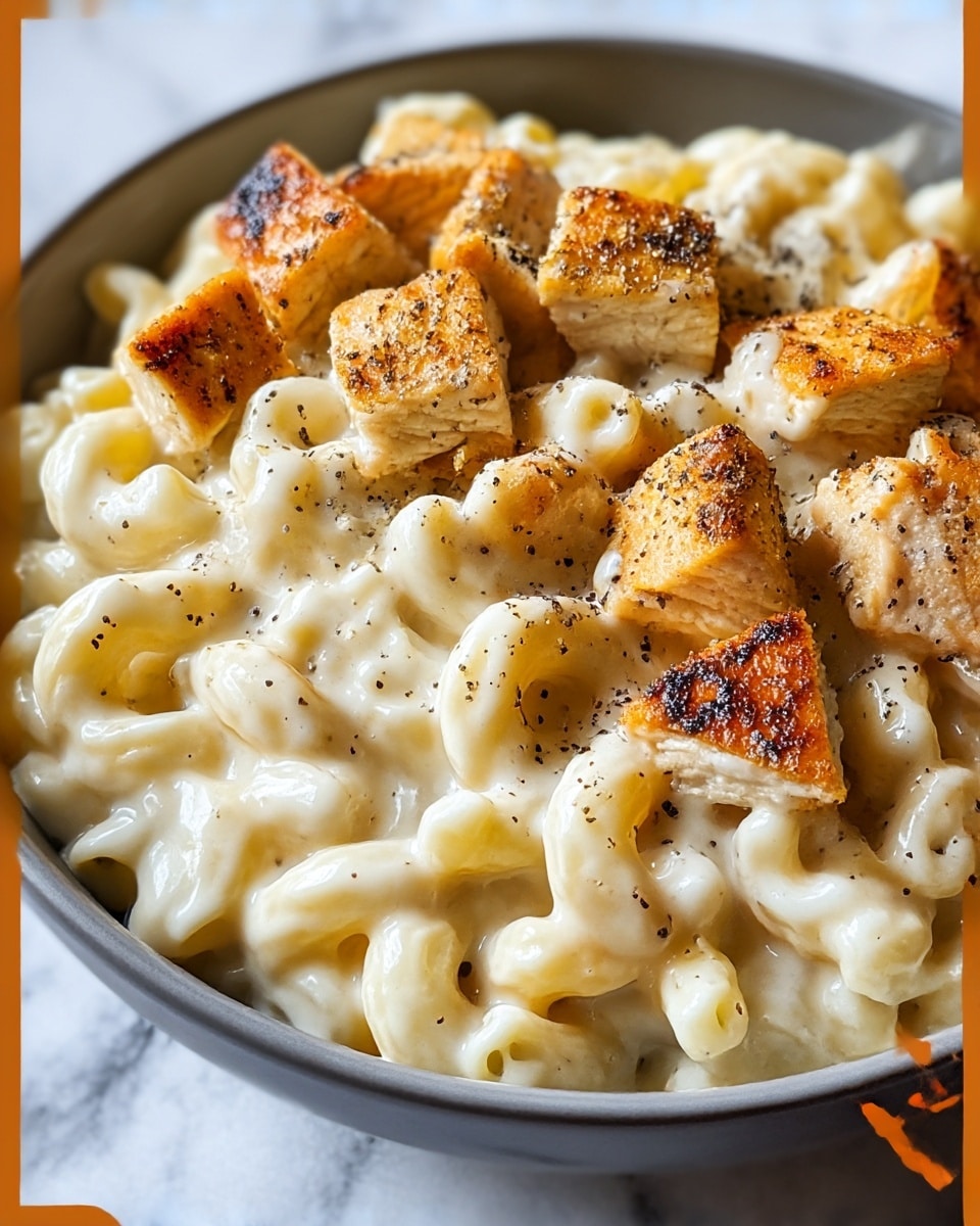 A close-up view of a bowl filled with creamy, light yellow macaroni pasta coated in a smooth white cheese sauce. On top, there are many small, golden-brown grilled chicken cubes scattered evenly, seasoned with black pepper that adds small black specks on the chicken and sauce. The bowl is white with a thin black rim, sitting on a white marbled surface, giving a clean and simple background. The texture shows the softness of the pasta and the slight crispiness of the chicken pieces. Photo taken with an iphone --ar 4:5 --v 7
