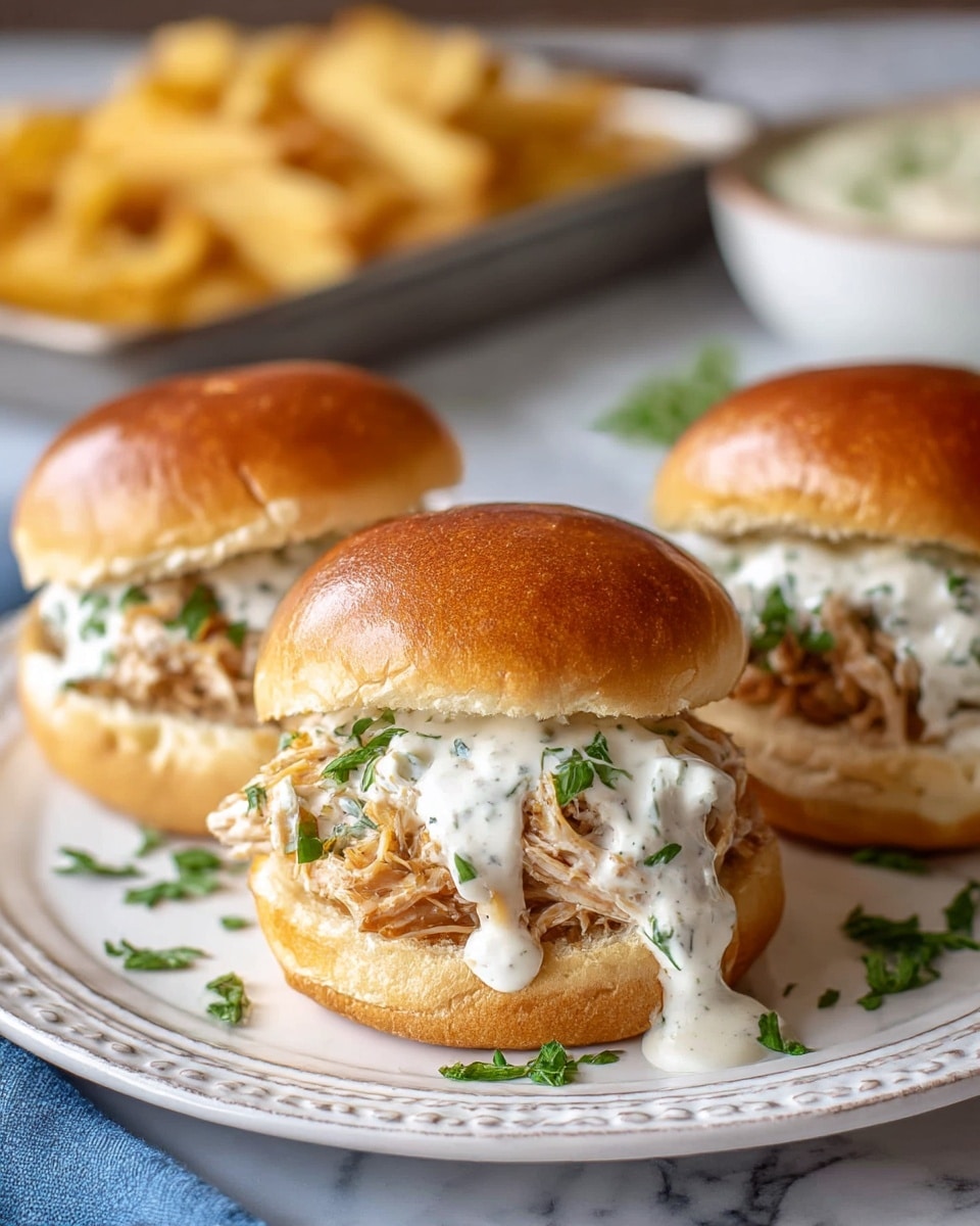 Three chicken sliders sit on a white plate with detailed edging, placed on a white marbled texture. Each slider has three layers: a golden brown, shiny, soft top bun; a middle layer of shredded, tender, light brown chicken covered generously with creamy white sauce dotted with green parsley; and a bottom soft bun similar in color to the top. Fresh green parsley leaves are placed around the plate for garnish, and the background includes blurred sides of fries and dipping sauce. Photo taken with an iphone --ar 4:5 --v 7