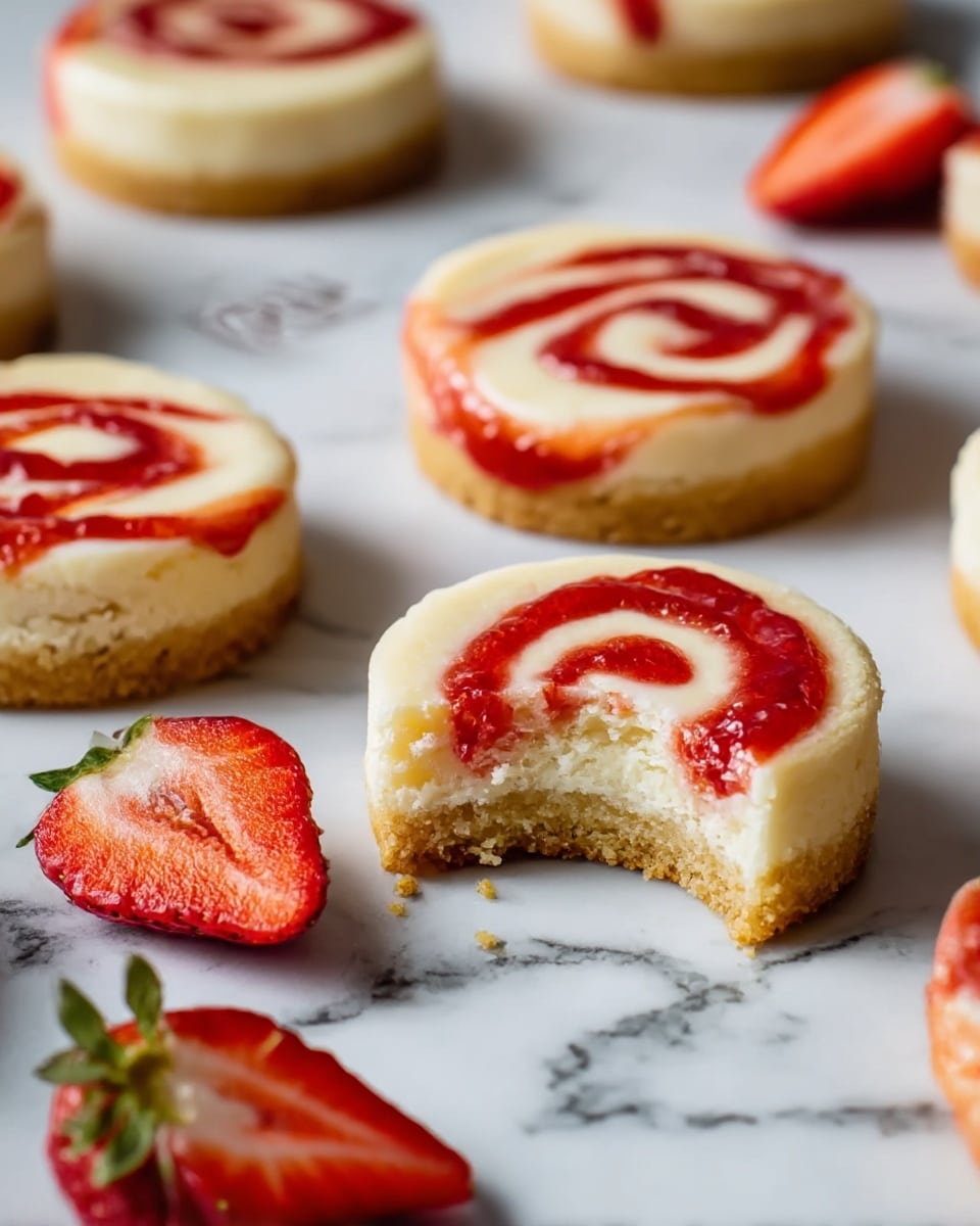 The image shows several round, small cheesecake cookies placed on a white marbled surface. Each cookie has three layers: a golden brown crumbly base, a thick pale creamy cheesecake layer in the middle with a soft texture, and a red strawberry sauce swirl on top, creating a spiral pattern. One of the cookies has a bite taken out, revealing the crumbly base and creamy filling inside. Around the cookies, there are a few fresh strawberry halves with bright red flesh and green leafy tops, adding a vibrant color contrast. photo taken with an iphone --ar 4:5 --v 7
