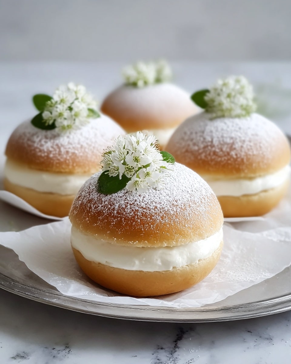 The image shows four round cream-filled buns placed on white parchment paper on a clear glass plate with a silver rim, resting on a white marbled surface. Each bun has two main layers: a light golden-brown soft bread bun base and a thick layer of smooth white cream filling in the middle. The top half of each bun is dusted evenly with white powdered sugar, giving a soft texture on the surface. Each bun is decorated with a small cluster of tiny white flowers with green leaves on top, adding a fresh and delicate touch. Photo taken with an iphone --ar 4:5 --v 7