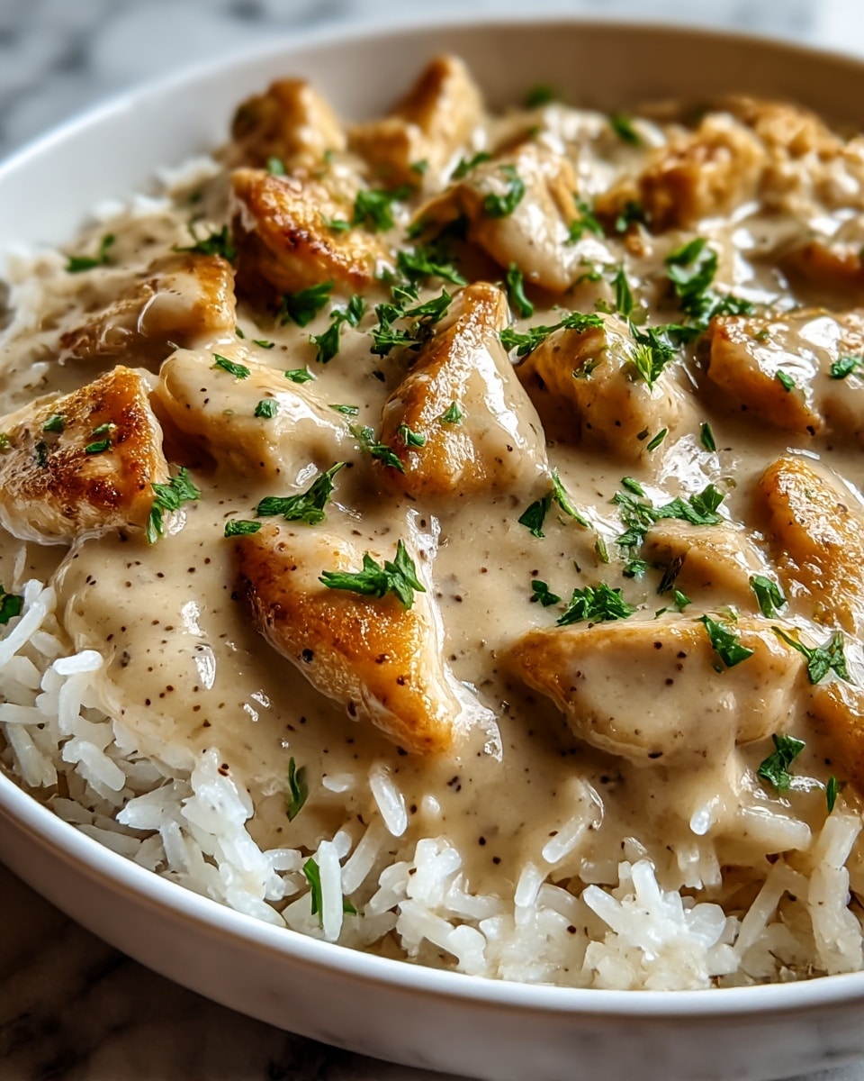 A white bowl filled with a bottom layer of plain white rice, soft and slightly fluffy. Above the rice, there is a thick, creamy beige sauce that looks smooth and rich, speckled with small black pepper bits. On top of the sauce, several pieces of golden-brown, pan-seared chicken chunks are scattered, showing a slightly crispy texture with light browning. The dish is garnished with small, fresh green parsley leaves evenly spread over the chicken and sauce, adding a pop of color. The bowl sits on a white marbled textured surface. Photo taken with an iphone --ar 4:5 --v 7