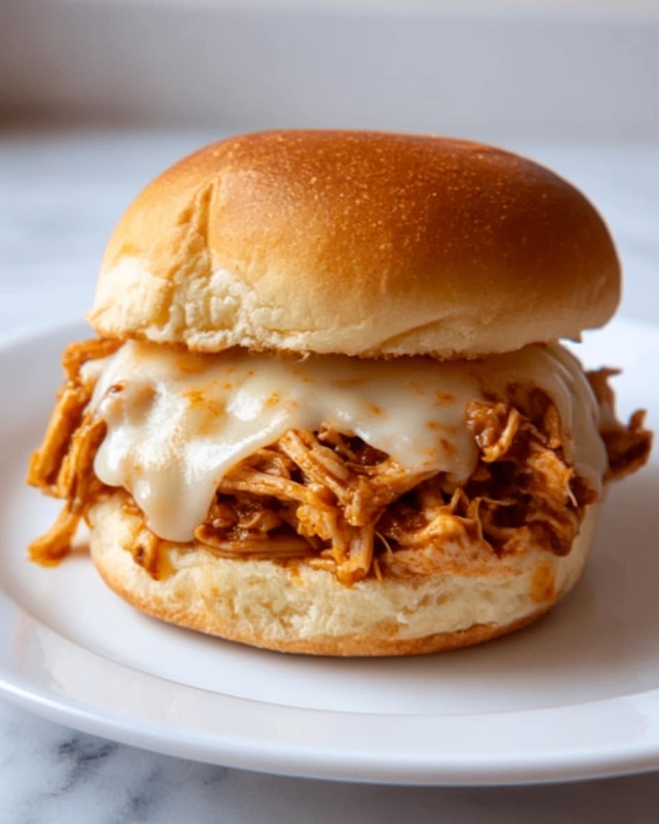 The image shows a pulled chicken sandwich on a soft, light golden-brown bun. The bottom bun holds a thick layer of shredded chicken mixed with a reddish-brown sauce. On top of the chicken, there is a layer of melted white cheese that looks gooey and smooth. The top bun sits lightly on the cheesy chicken filling. The sandwich is placed on a white surface with a white marbled texture in the background, and there is natural light coming from the side. photo taken with an iphone --ar 4:5 --v 7