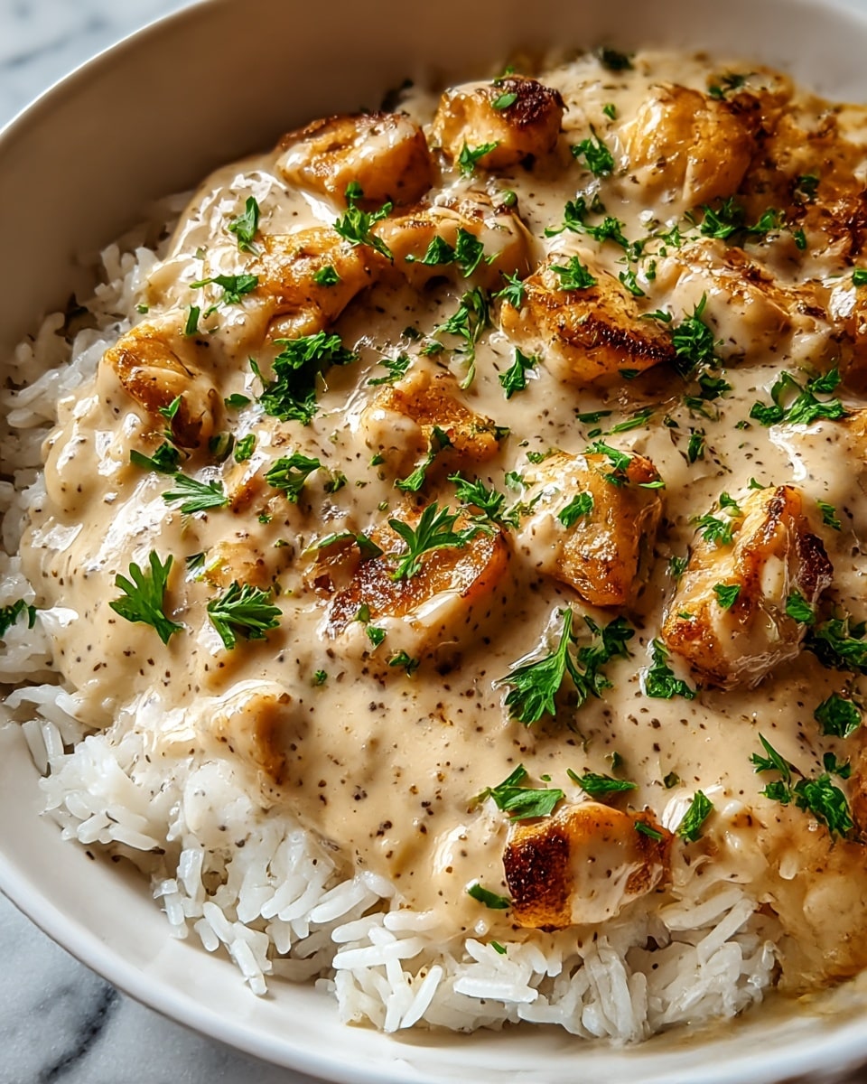 A white bowl holds a base layer of fluffy white rice with visible individual grains, topped with a thick creamy sauce that covers tender, golden-brown pieces of chicken. The chicken pieces have browned edges and are coated evenly with the light beige sauce speckled with black pepper. Fresh green parsley is sprinkled on top, adding spots of vibrant color against the creamy texture. The bowl sits on a white marbled surface, showing a close-up, detailed view of the food. photo taken with an iphone --ar 4:5 --v 7