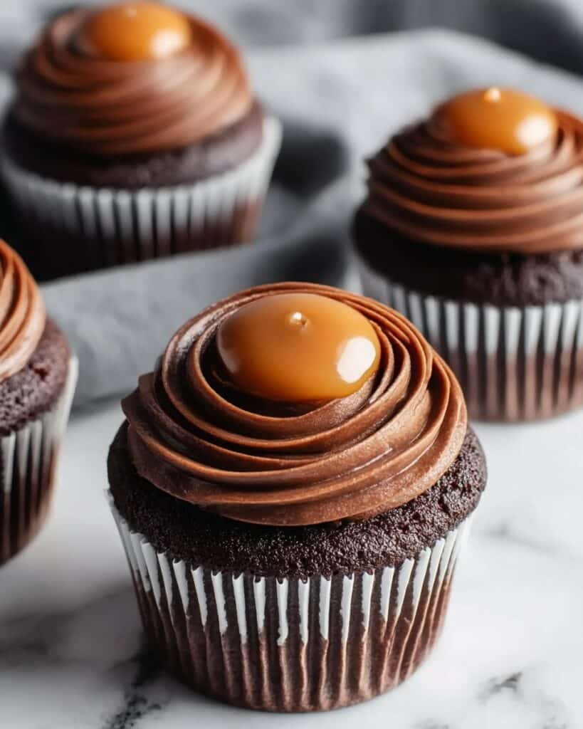 Chocolate Caramel Cupcakes with Rich Chocolate Frosting and Decadent Caramel Sauce Recipe