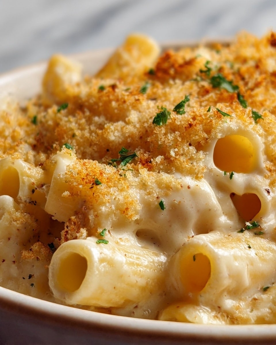 Close-up image of creamy baked pasta in a white dish with short, tube-shaped pasta covered in a smooth, light beige cheese sauce. The pasta is topped with a crunchy golden-brown breadcrumb layer, sprinkled with small green herb bits. The texture of the cheese sauce is silky and thick, filling the hollow centers of the pasta tubes, while the crispy breadcrumb topping contrasts with the soft pasta underneath. The background shows a white marbled surface. photo taken with an iphone --ar 4:5 --v 7