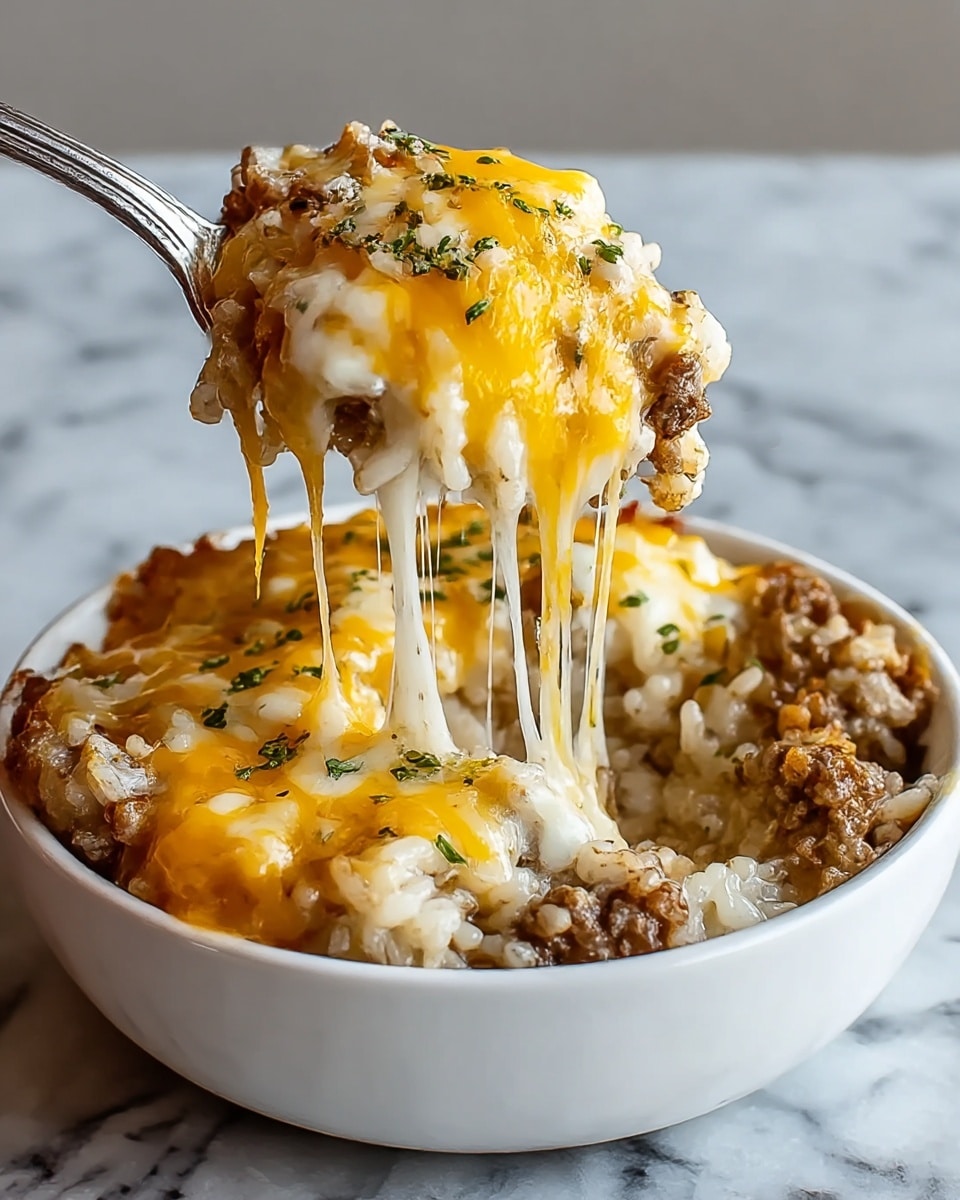 The image shows a white bowl filled with a layered cheesy rice dish. The bottom layer is white rice mixed with small pieces of cooked ground meat, with a slightly chunky texture. The middle layer is melted white cheese that stretches as a silver spoon lifts a portion, creating long strings of cheese. On top, there is a bright yellow, melted cheese layer with a shiny, smooth texture, sprinkled with small pieces of green herbs for color contrast. The bowl is placed on a white marbled surface. photo taken with an iphone --ar 4:5 --v 7