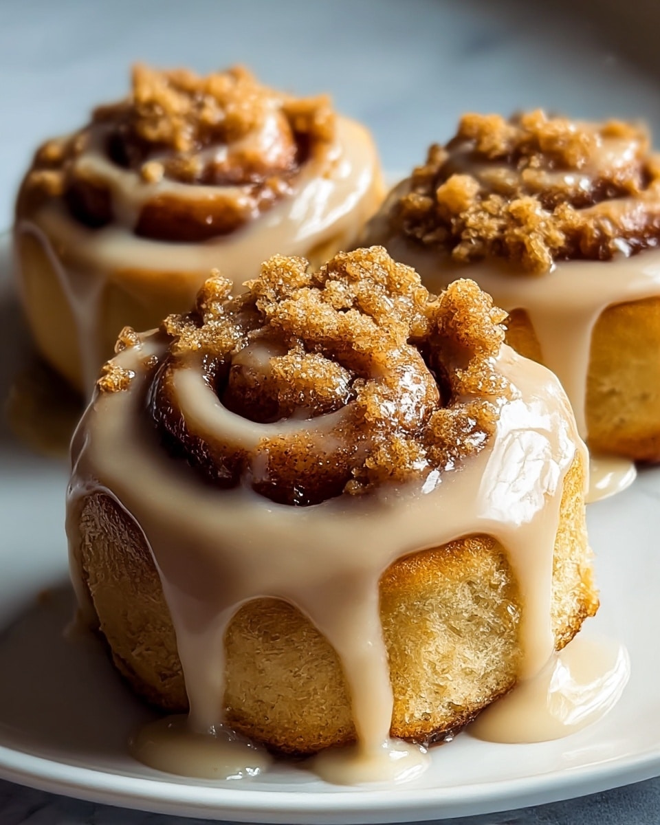 Three cinnamon rolls sit closely on a white plate, each with two main layers: a golden brown dough base with swirls of darker cinnamon filling, and a thick, creamy light beige glaze dripping down the sides. The top layer is covered in crumbly brown sugar topping, with the glaze unevenly spread and pooling slightly around the base of each roll. The surface beneath is a white marbled texture, and the image focuses closely on the swirl and topping details of the closest roll. photo taken with an iphone --ar 4:5 --v 7
