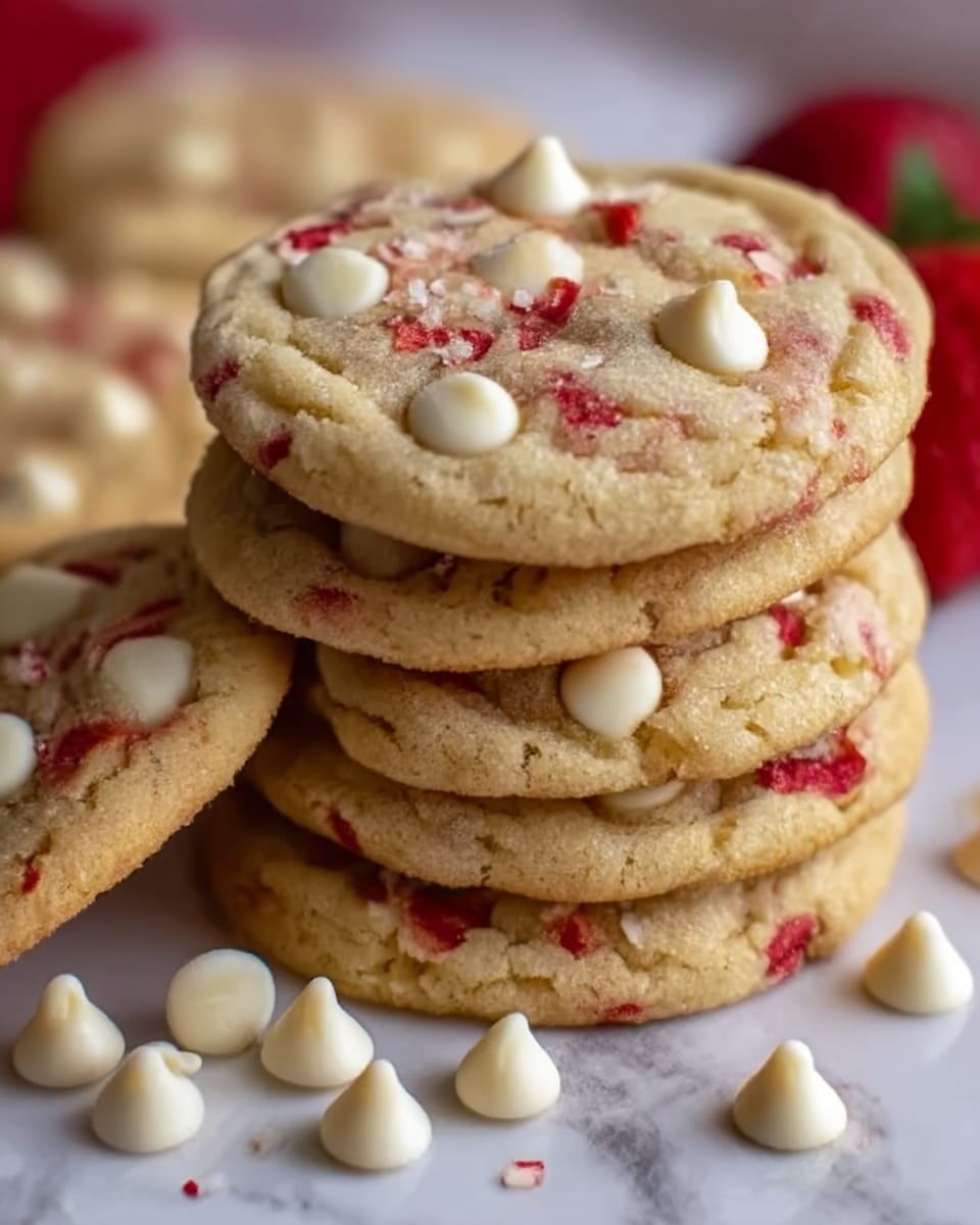 A stack of soft cookies with a light golden color is shown on a white marbled surface, next to a few loose white chocolate chips. The top cookies have visible small red strawberry pieces mixed in, along with creamy white chocolate chips spread evenly across their tops. The cookies have a slightly cracked texture on their surface, showing softness inside. The background includes a blurred red strawberry adding a fresh touch. photo taken with an iphone --ar 4:5 --v 7
