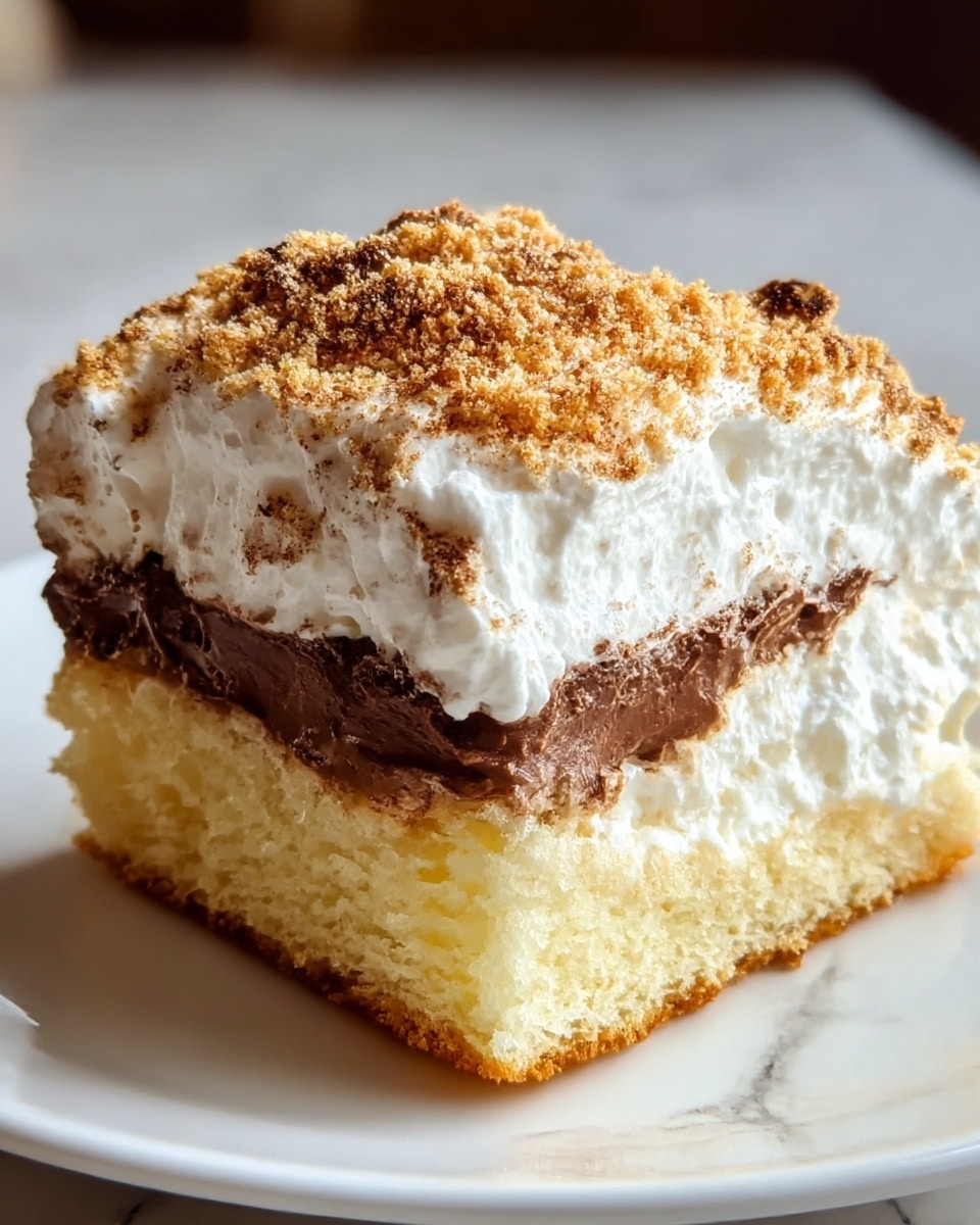 A single square slice of layered dessert sits on a white plate with a white marbled background. The bottom layer is a light golden sponge cake with a soft texture. Above it is a thick layer of smooth, dark brown chocolate filling that looks creamy. On top of the chocolate is a layer of fluffy white cream, soft and airy. The topmost layer is covered with a generous amount of fine, light brown crumb topping, giving a grainy texture and slight mound shapes. The layers are clearly visible from the side, showing the contrast of colors and textures. Photo taken with an iphone --ar 4:5 --v 7