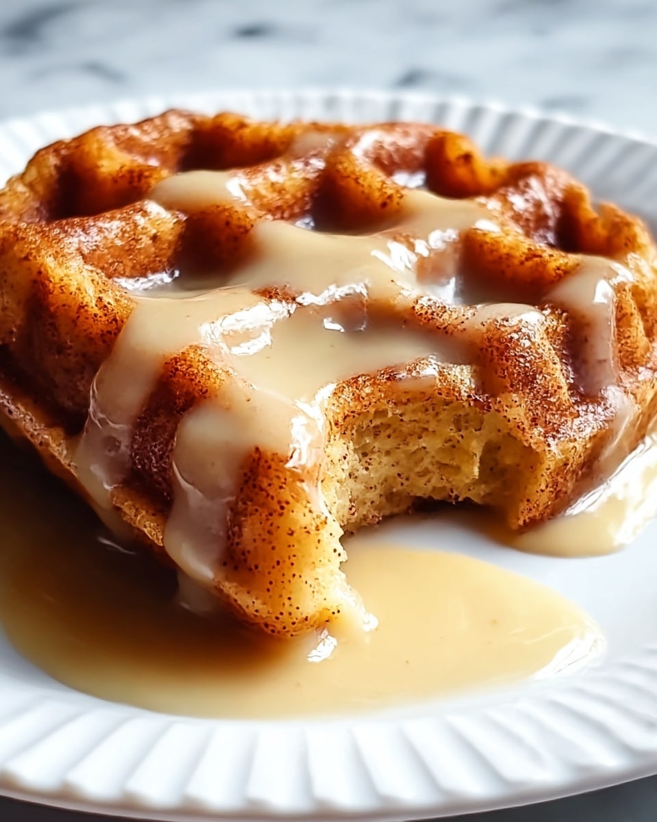 A close-up of a single golden-brown waffle piece on a white plate with raised edges showing a crispy, textured surface with cinnamon specks throughout. The waffle has one visible bite taken, revealing a soft and fluffy inside. Thick, creamy beige sauce or glaze generously drips over the top and pools onto the plate, accentuating the waffle's grooves and adding a shiny, smooth contrast to its rough texture. The whole scene is set against a white marbled texture. photo taken with an iphone --ar 4:5 --v 7