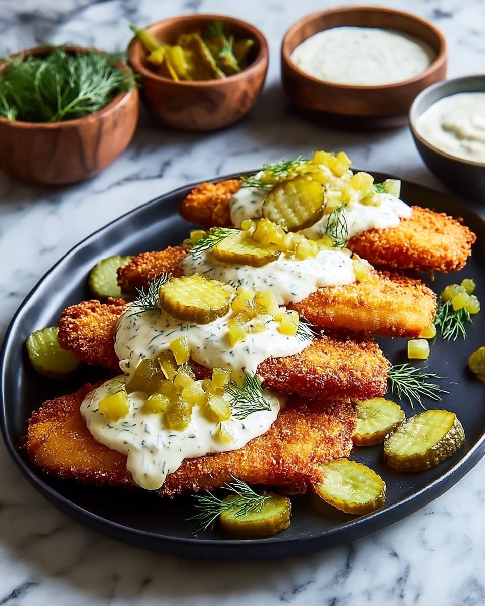 A black plate on a white marbled surface holds three golden brown, crispy fried fish fillets stacked side by side. Each fillet is topped with a thick, creamy white sauce with visible green herbs mixed in. On top of the sauce are bright green pickle slices and small pieces of chopped pickles, along with sprigs of fresh dill scattered across. Around the plate, extra pickle slices and dill sprigs are placed. In the background, two small wooden bowls contain fresh dill and more pickle pieces, with a third bowl holding a white creamy sauce. Photo taken with an iphone --ar 4:5 --v 7