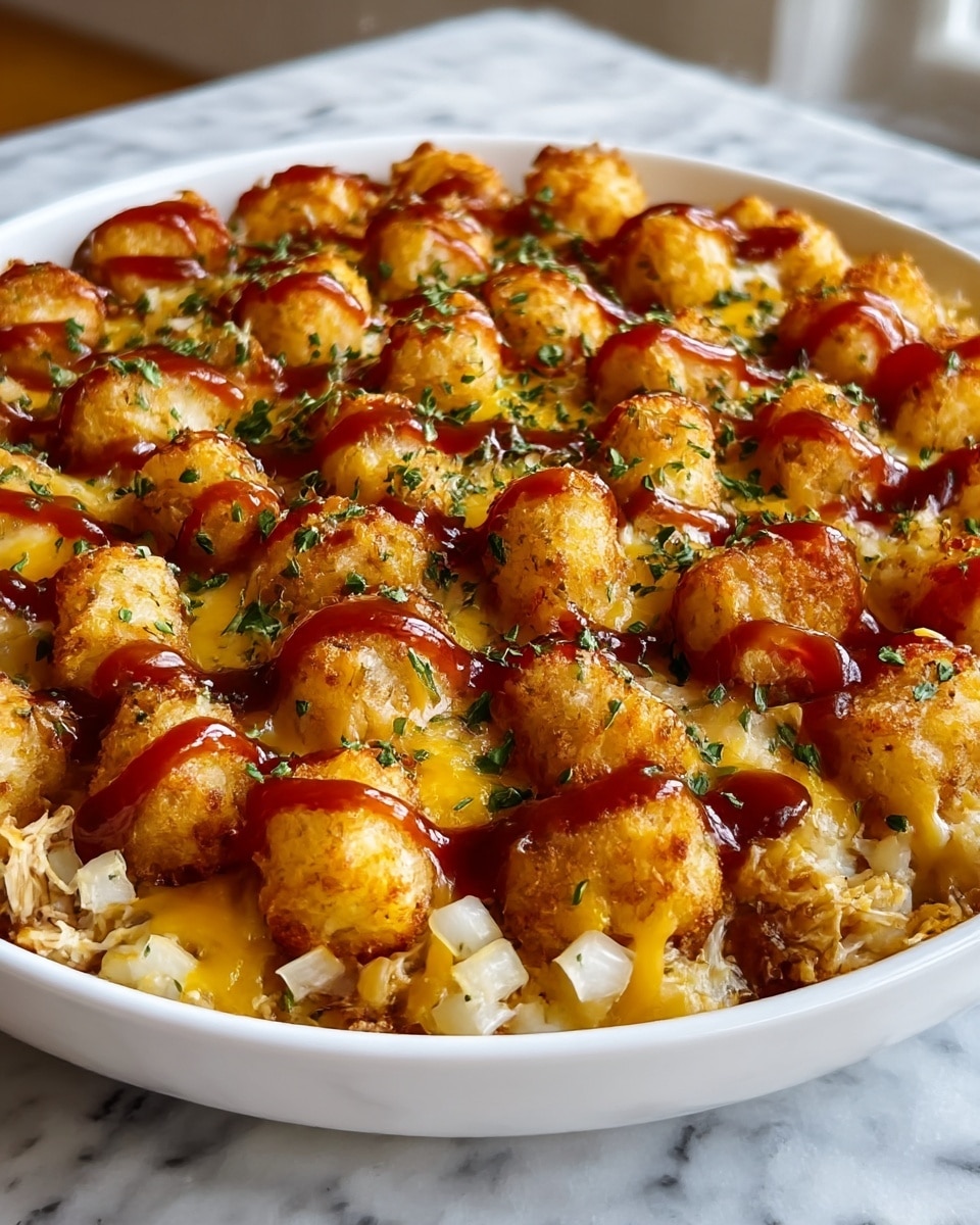 The dish is served in a white bowl, filled with a thick layer of crispy golden brown tater tots that cover the whole surface. Beneath the tater tots is a layer of melted yellow and white cheese, gooey and slightly browned, mixed with shredded pieces of chicken. The top is drizzled with a rich dark brown sauce, spread unevenly over the tater tots. Small bits of chopped green herbs and white onion pieces are sprinkled over the entire dish, adding a fresh touch of color. The bowl is set on a white marbled surface photo taken with an iphone --ar 4:5 --v 7